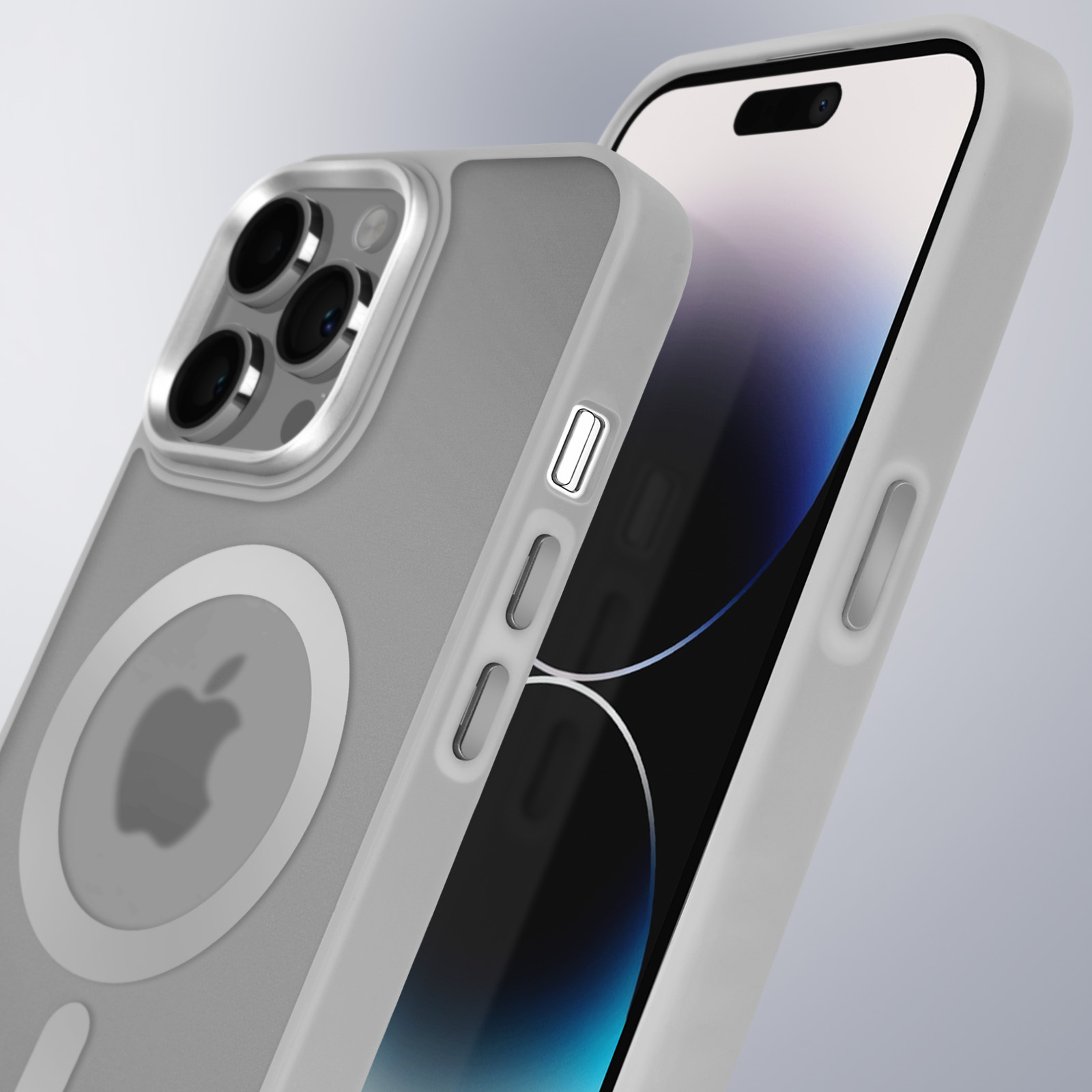 Custodia per telefono grigia con logo Apple, primo piano.