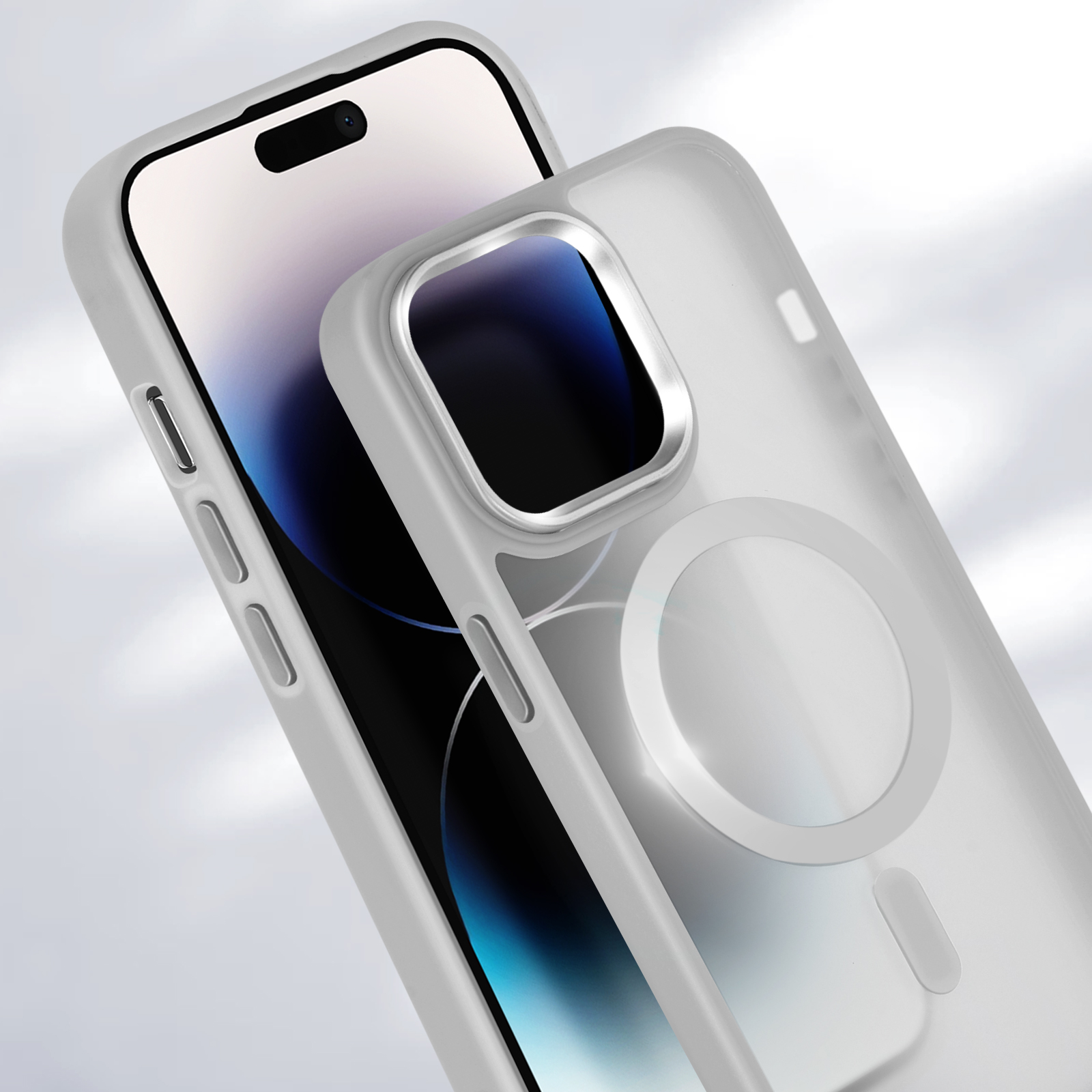 Custodia trasparente con un telefono. Sfondo bianco.