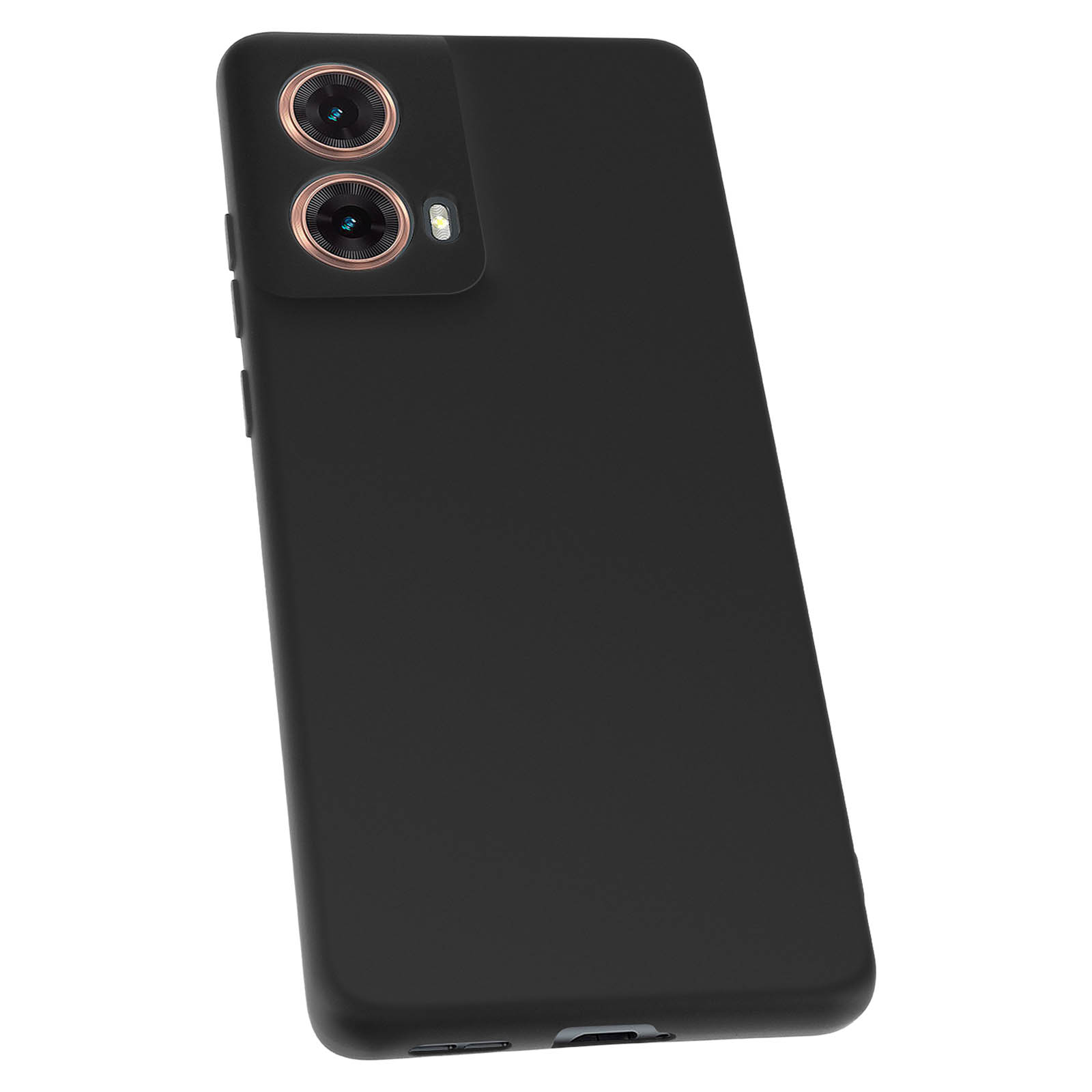 Custodia nera con due obiettivi della fotocamera. La custodia è su sfondo bianco.