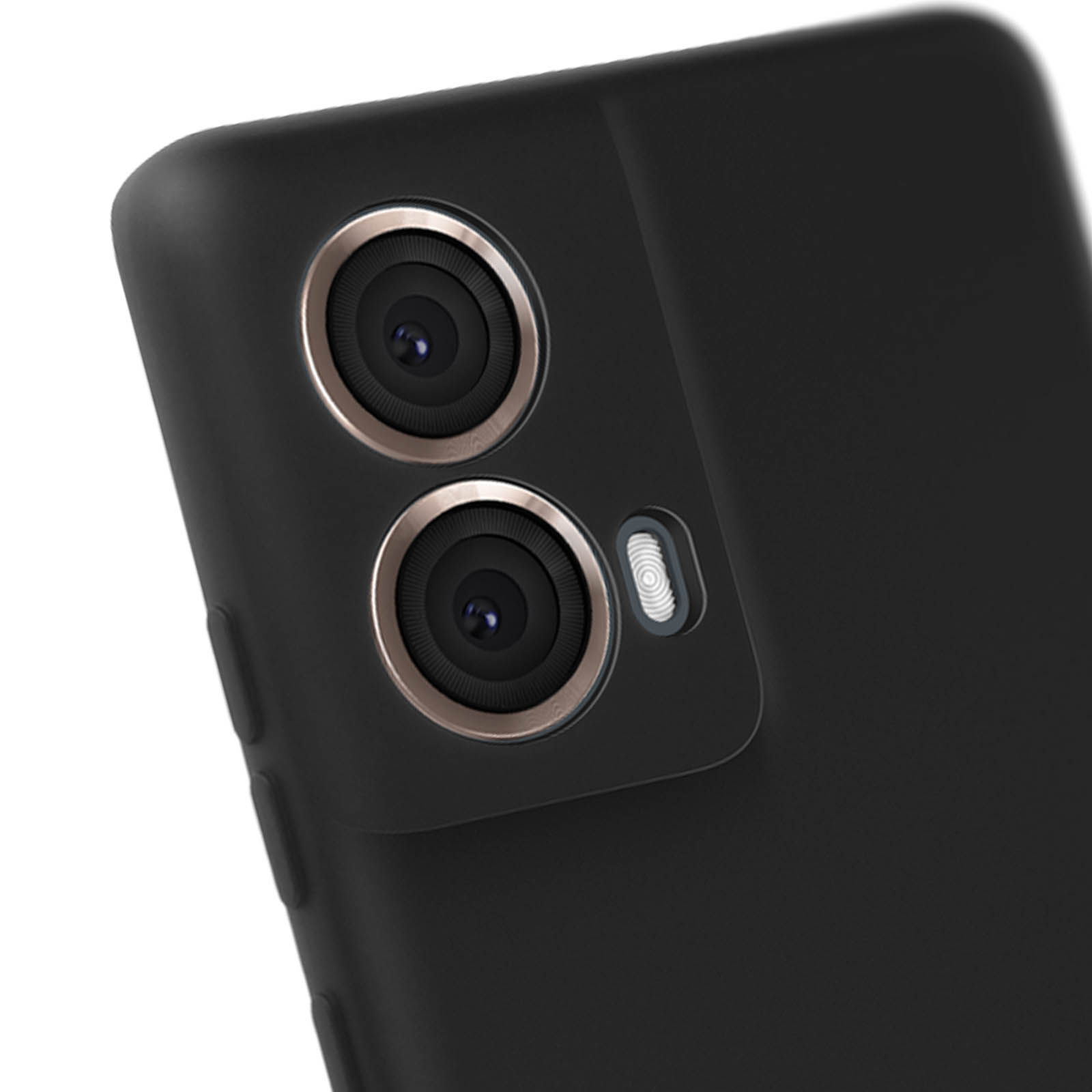 Primo piano del modulo fotocamera di un telefono nero, con due lenti e un flash. Il telefono è nero.