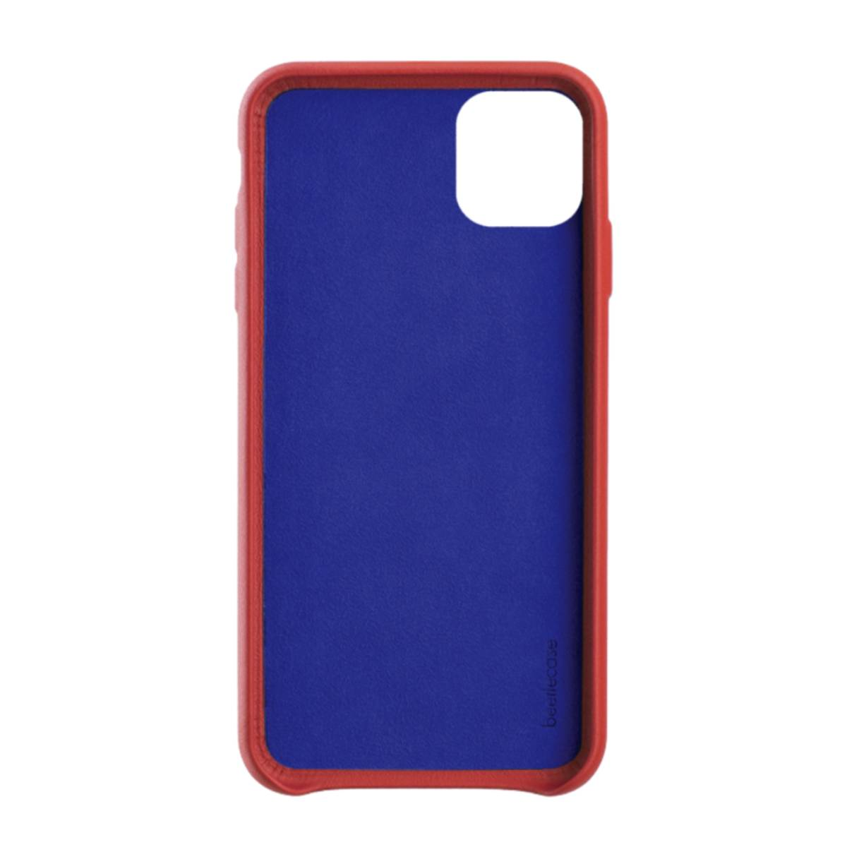 Custodia per telefono con cornice rossa e interno blu. Il telefono è all'interno.