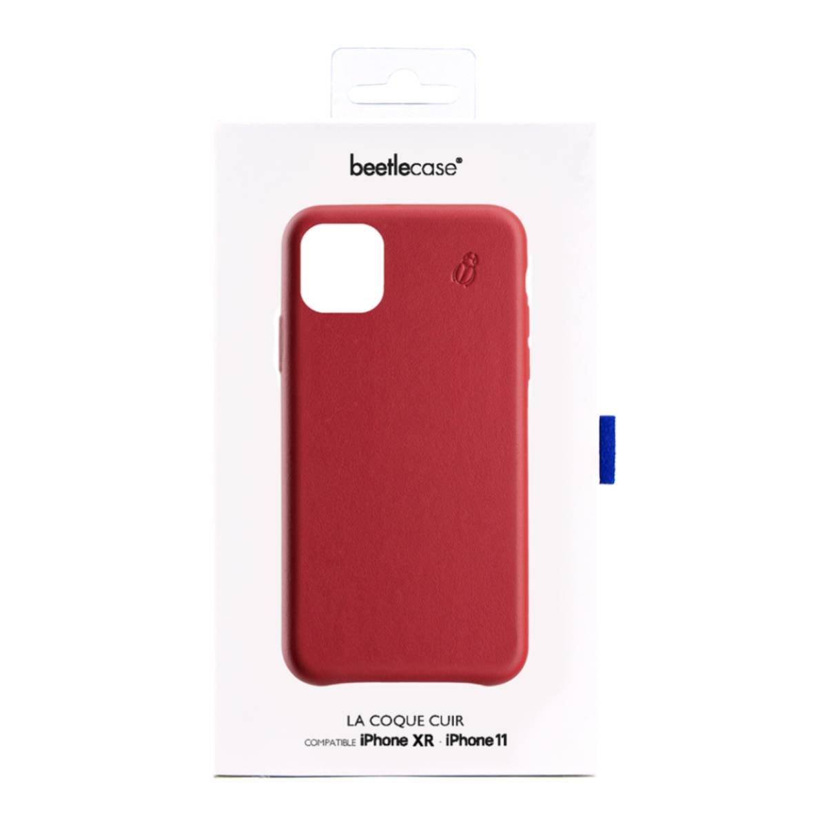 Una custodia rossa per telefono in una scatola bianca. La scatola dice La Coque Cuir, compatibile con iPhone XR e 11.