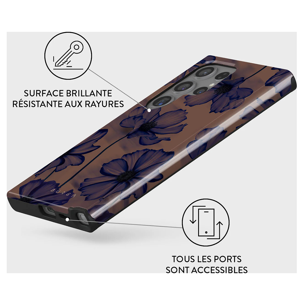 Custodia per telefono con design floreale. Sfondo marrone con fiori blu. Icone chiave e porta telefono.