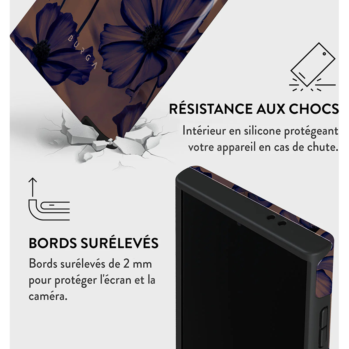 Una custodia per telefono con un design floreale. Mostra un telefono con una custodia nera.