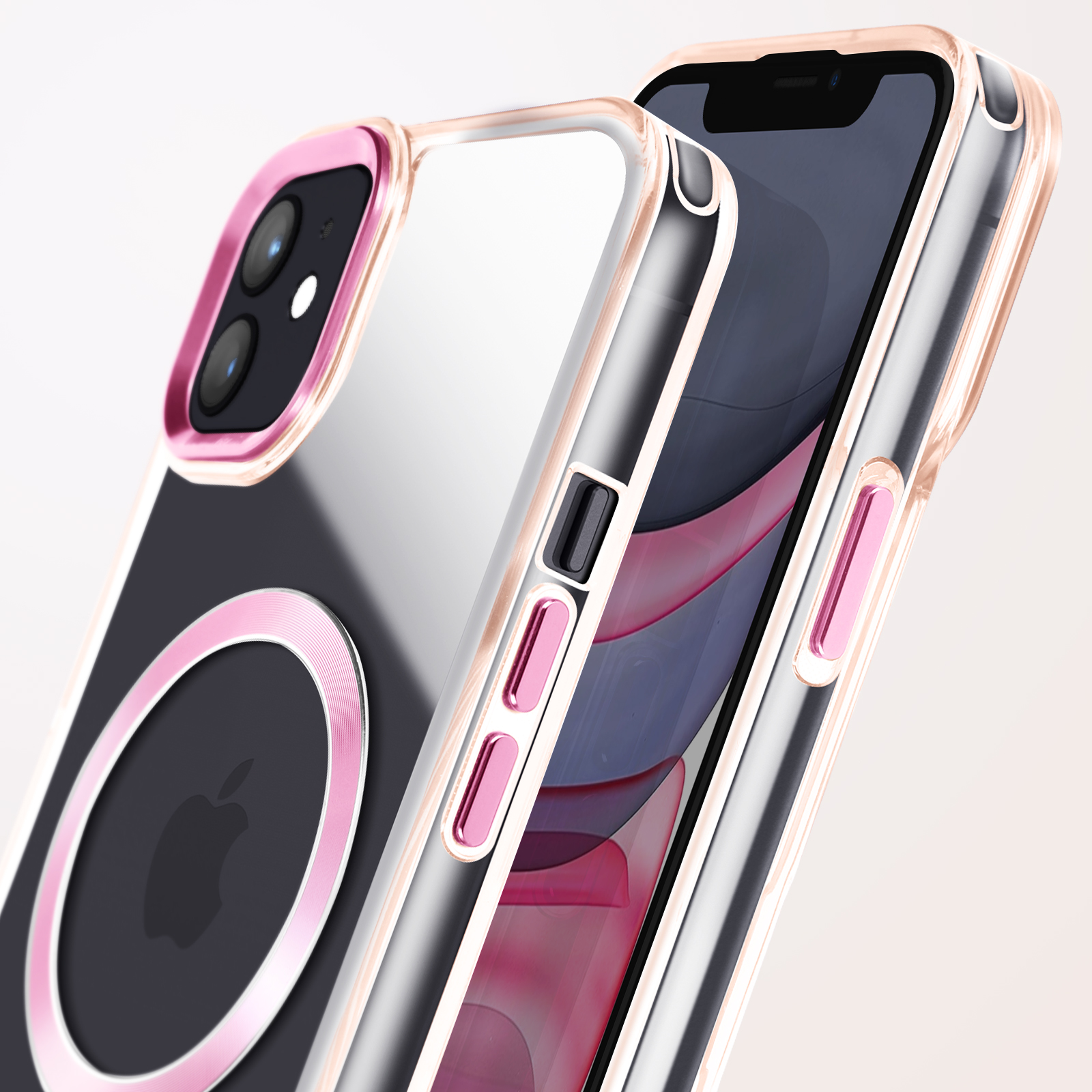 Custodia trasparente per iPhone con dettagli rosa, che copre un telefono. Fotocamera e pulsanti visibili.