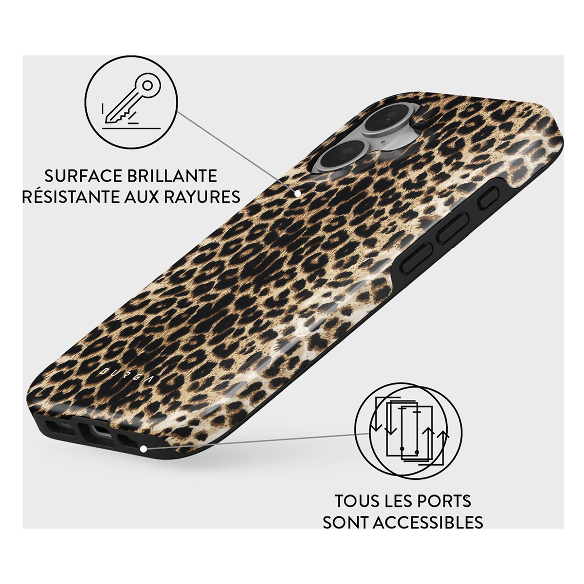 Coque avec imprimé léopard. Surface brillante avec texte et diagrammes.