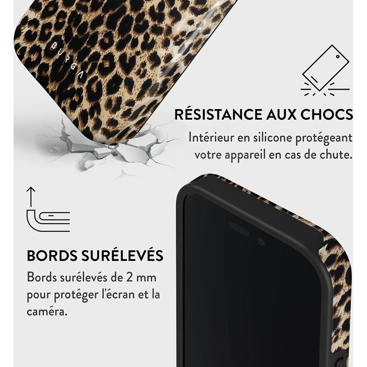 Coque motif léopard avec bords et écran noirs. Texte français mentionne la résistance aux chocs.