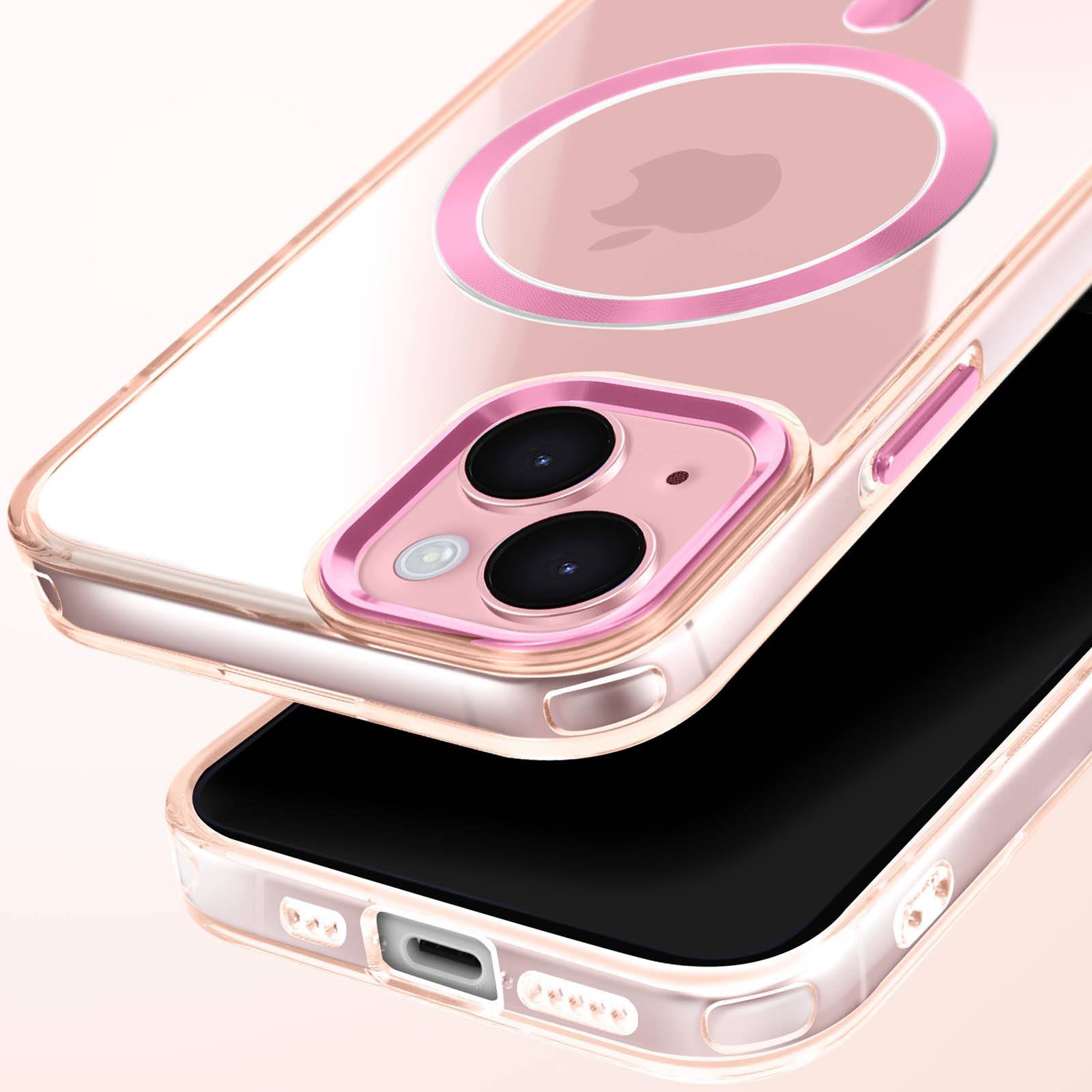 Una custodia per telefono, trasparente con un anello magnetico rosa e un contorno fotocamera. La custodia si apre.