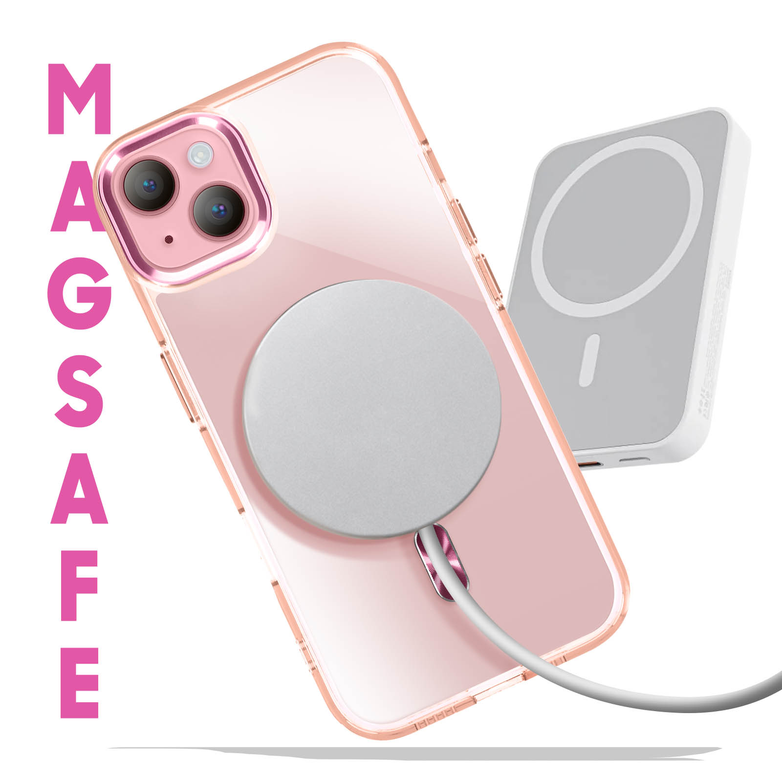 Custodia rosa con caricatore MagSafe bianco. 'MagSafe' scritto verticalmente a sinistra.