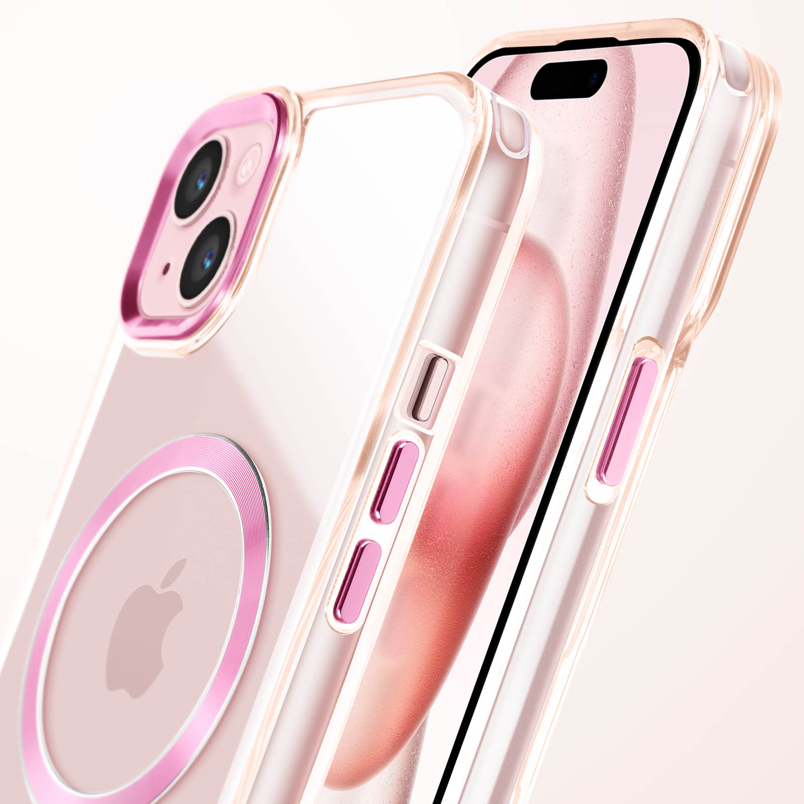 Un telefono in una custodia rosa con un supporto ad anello. Il telefono è vicino a una superficie bianca.