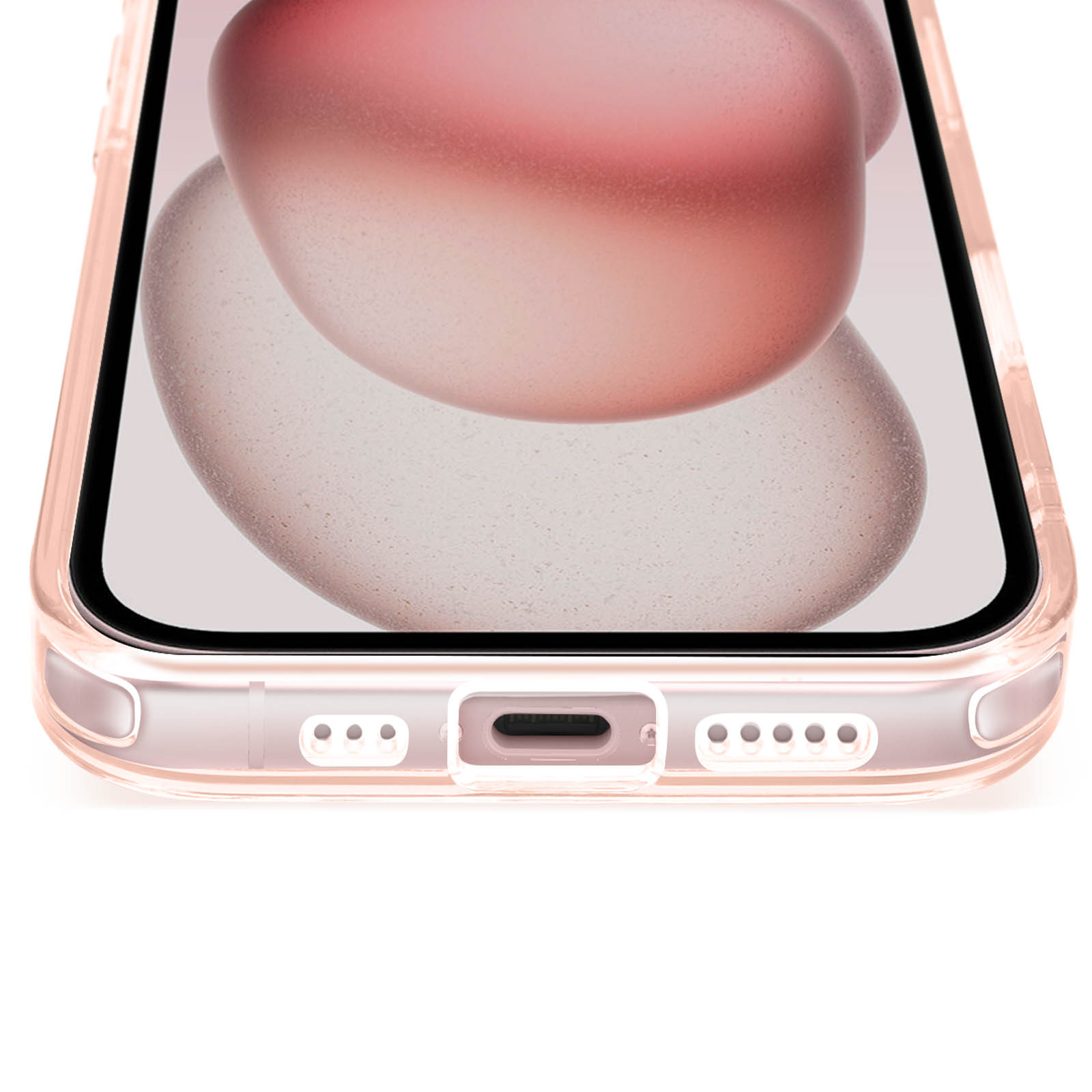 Primo piano della parte inferiore di un telefono. Ha una porta di ricarica e fori per gli altoparlanti, in una custodia rosa.
