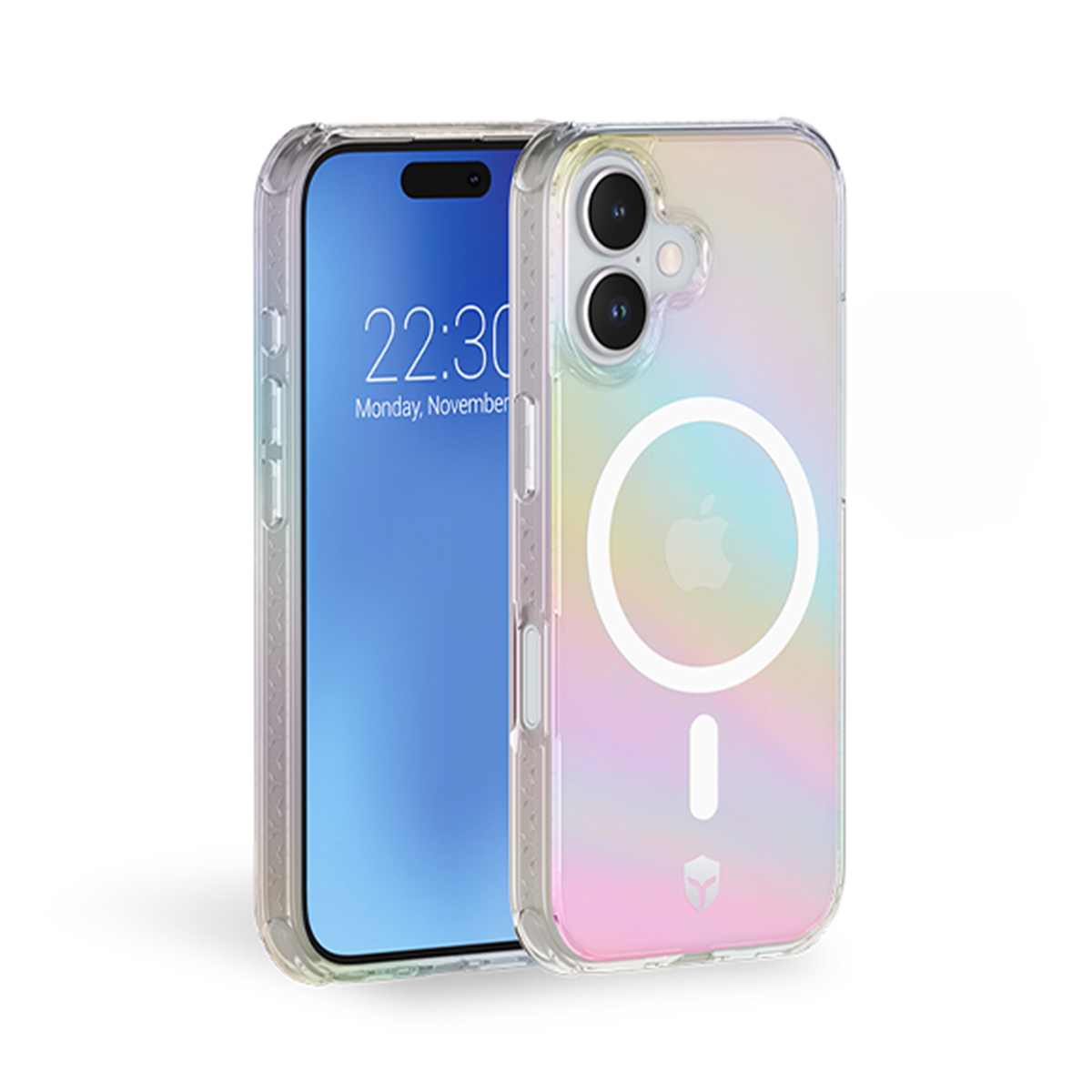 iPhone con custodia arcobaleno. L'ora è visualizzata. La custodia è trasparente con anello magnetico.