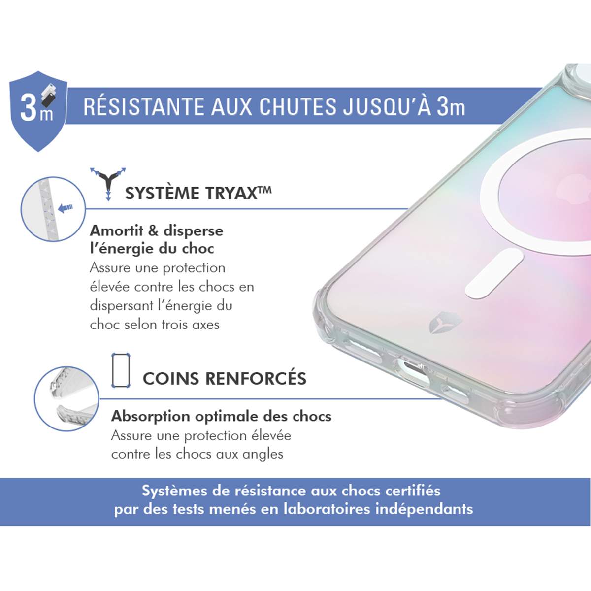 Una custodia per telefono con testo che descrive le caratteristiche di protezione, inclusa la resistenza alle cadute fino a 3 m.