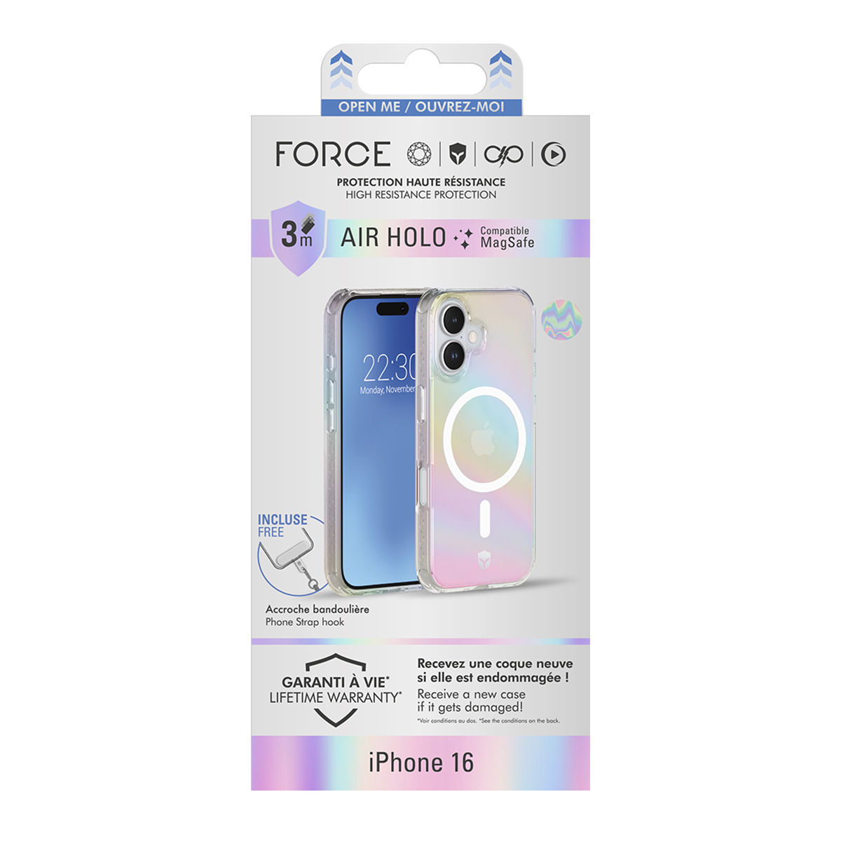 Custodia trasparente per iPhone 16 in scatola. Include gancio per cinturino. Rosa.