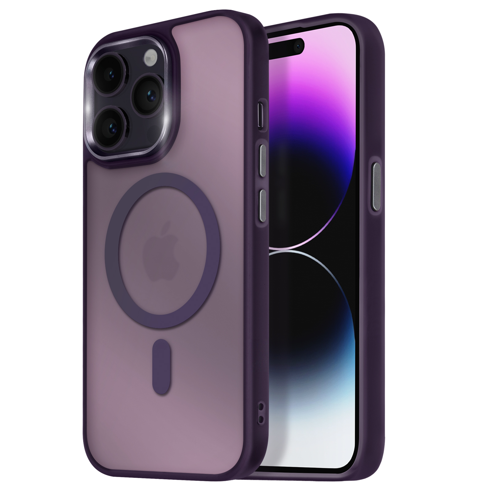 Telefono in una custodia viola. La custodia è semitrasparente. Il telefono è nero.