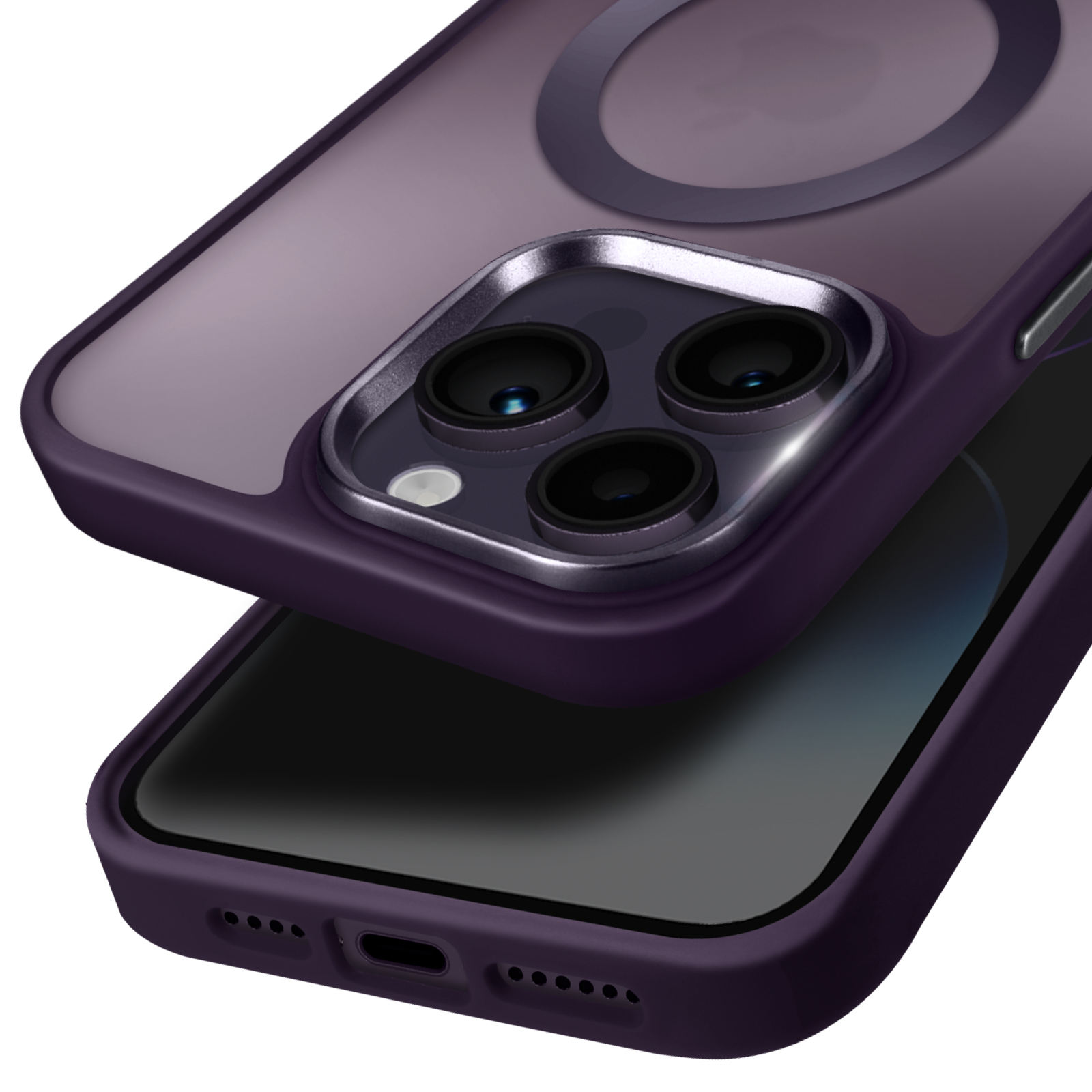 Una custodia per telefono viola con un cerchio. Il telefono è dentro. Lo sfondo è bianco.