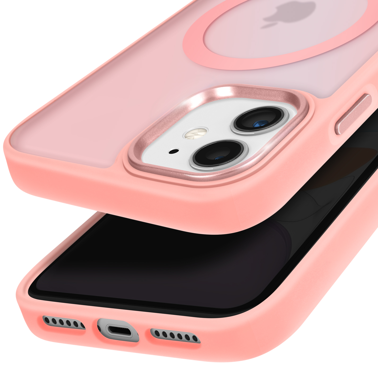 Custodia per telefono rosa con bordo rosa. Sfondo nero.