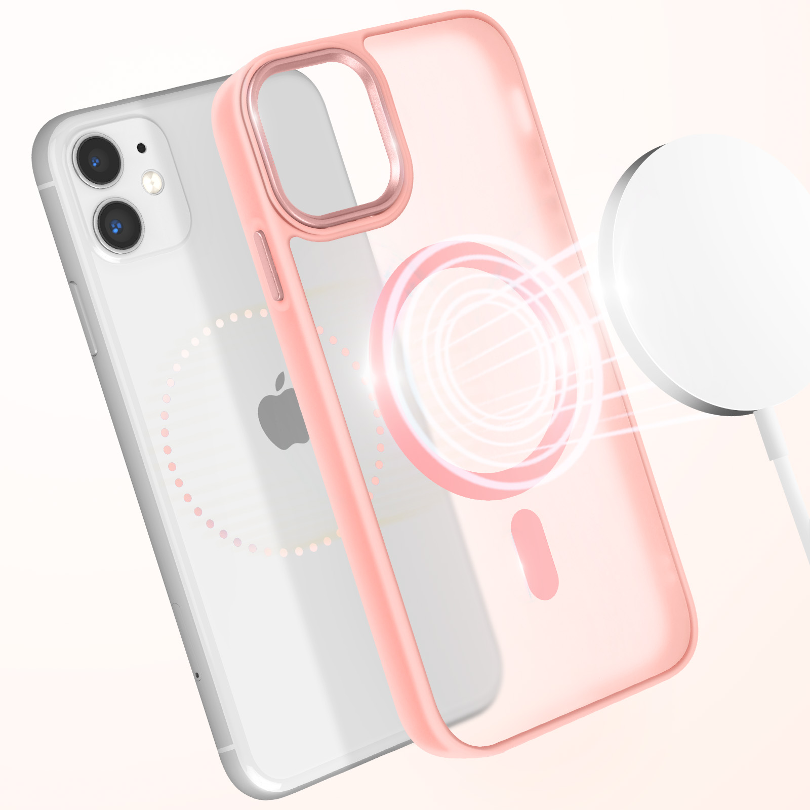 Custodia rosa per telefono con telefono e caricabatterie bianco. Il caricabatterie ha un anello magnetico.