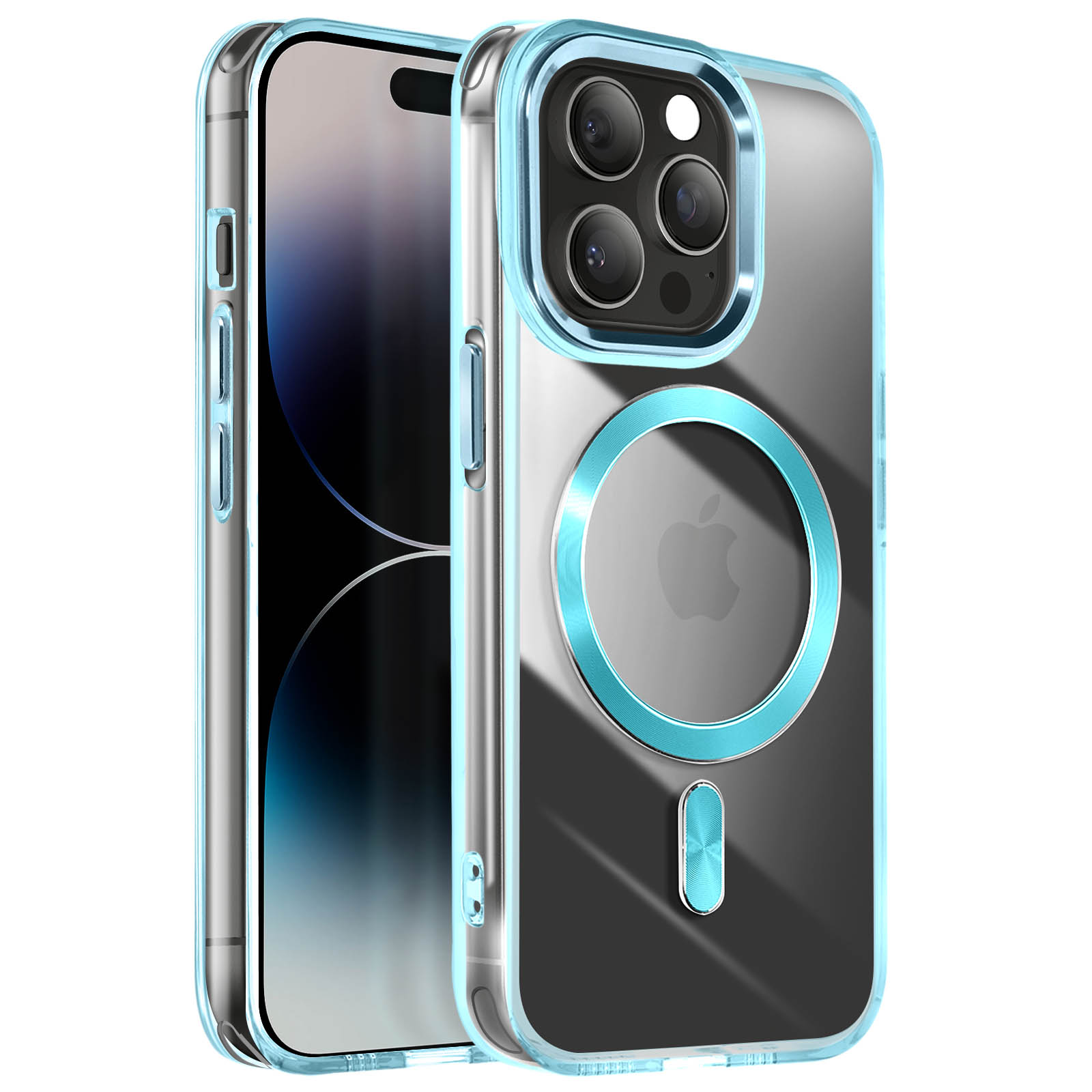 Custodia trasparente con un anello blu attorno alla fotocamera. Logo Apple visibile.