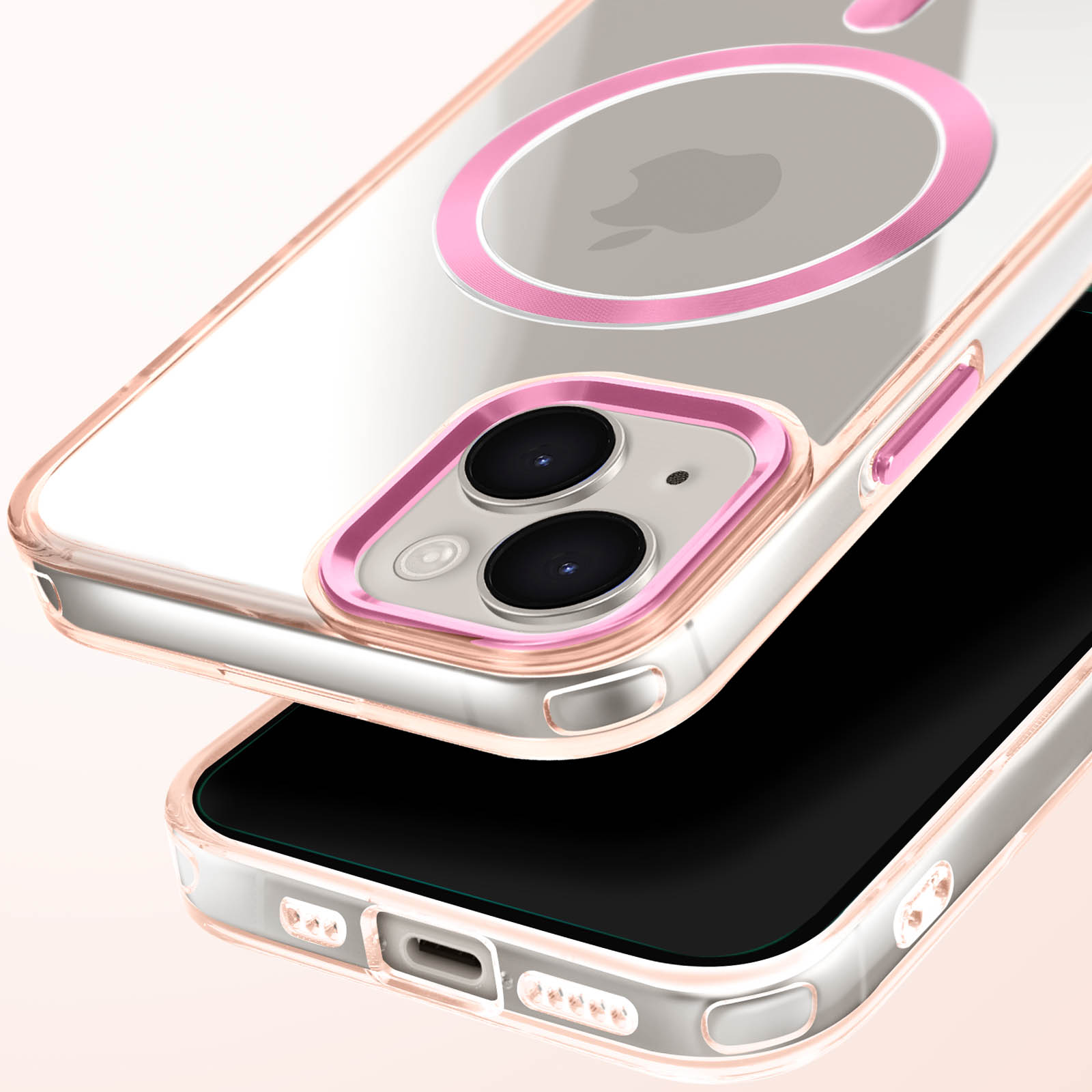 Telefono e custodia trasparente con dettagli rosa. Sfondo rosa.