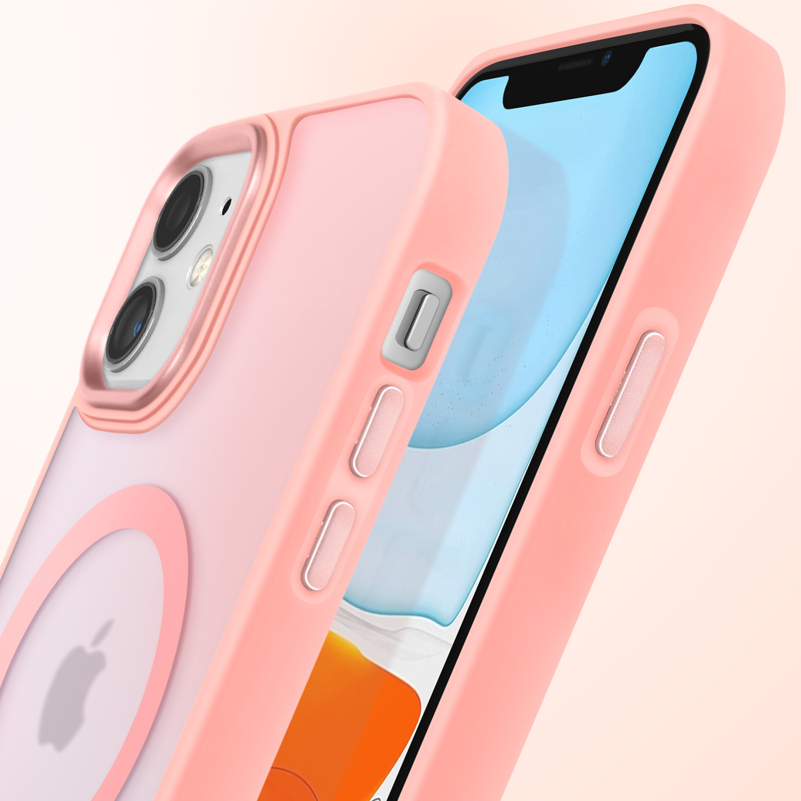 Custodia per telefono rosa con telefono. Pulsanti e anello rosa. Sfondo pesca.