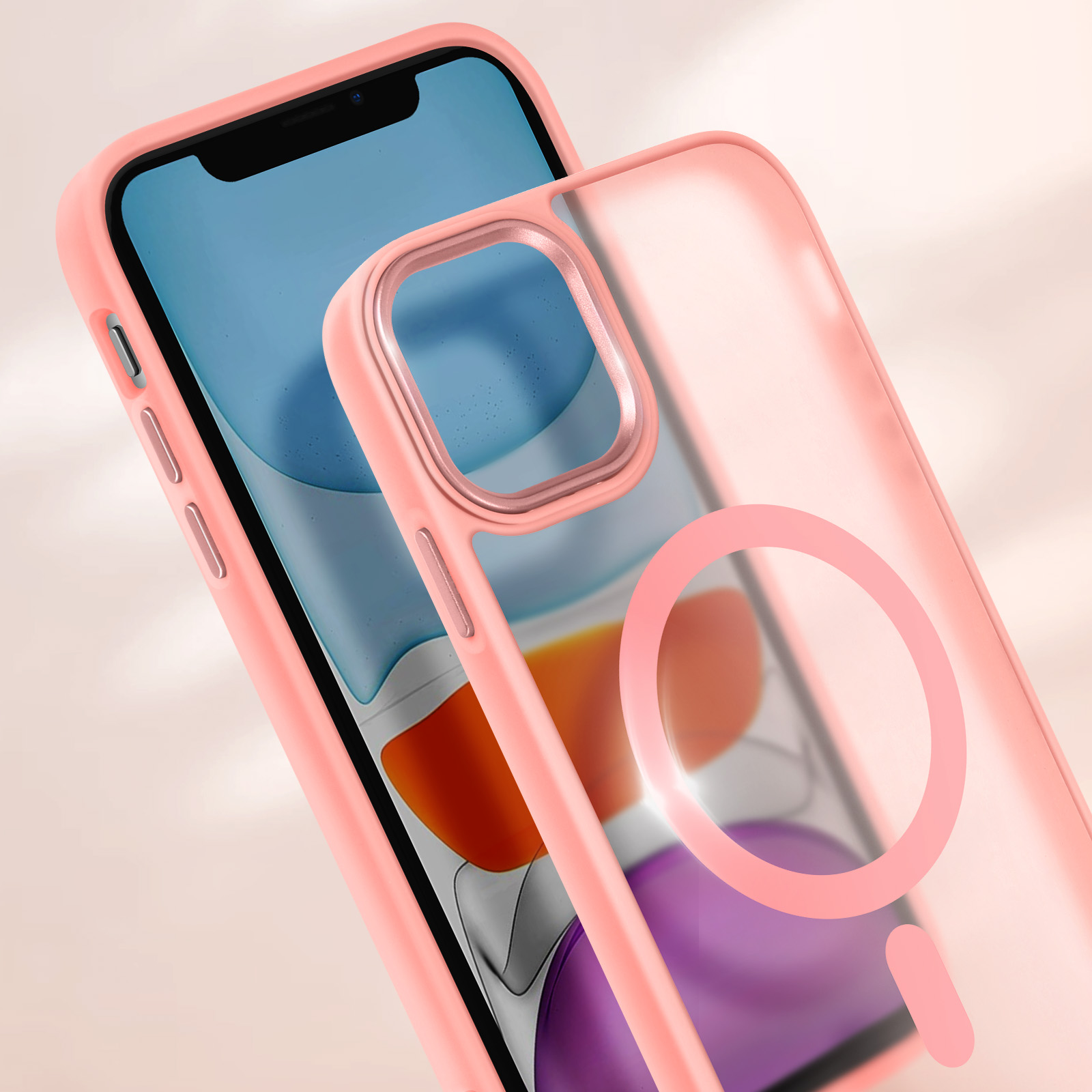 Custodia per telefono rosa con anello trasparente. Lo schermo del telefono è visibile. Lo sfondo è sfocato.