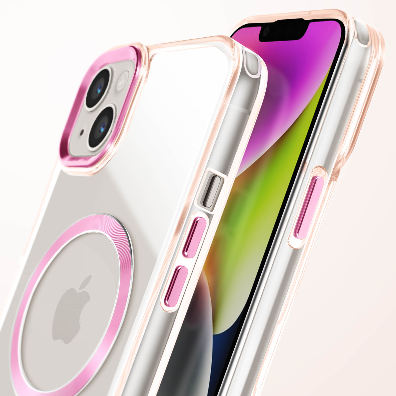 Custodia trasparente con dettagli rosa. Mostra telefono con fotocamera e pulsanti.