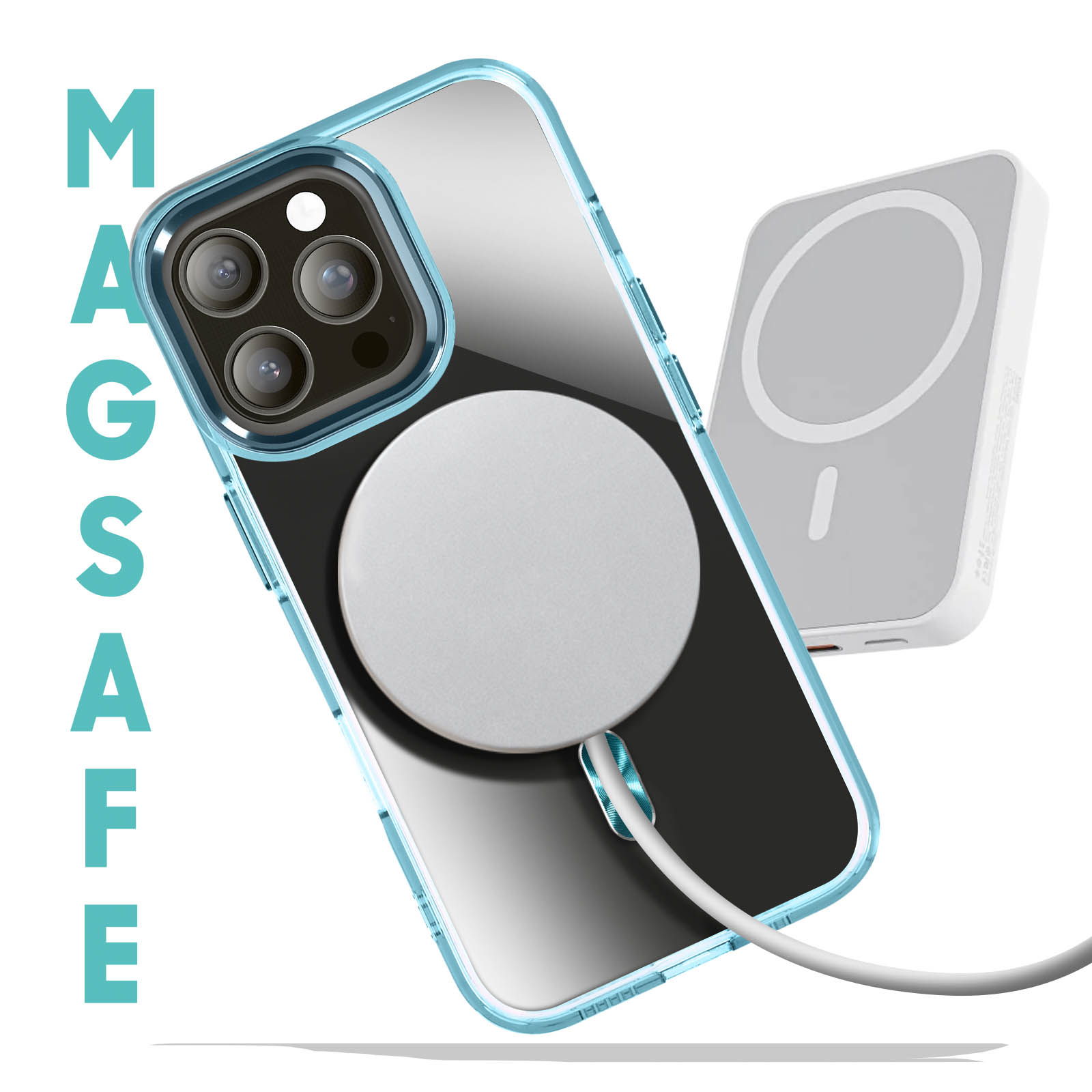 Custodia trasparente per telefono, un pad di ricarica e un telefono. Il testo MAGSAFE è sul lato. Sfondo bianco.