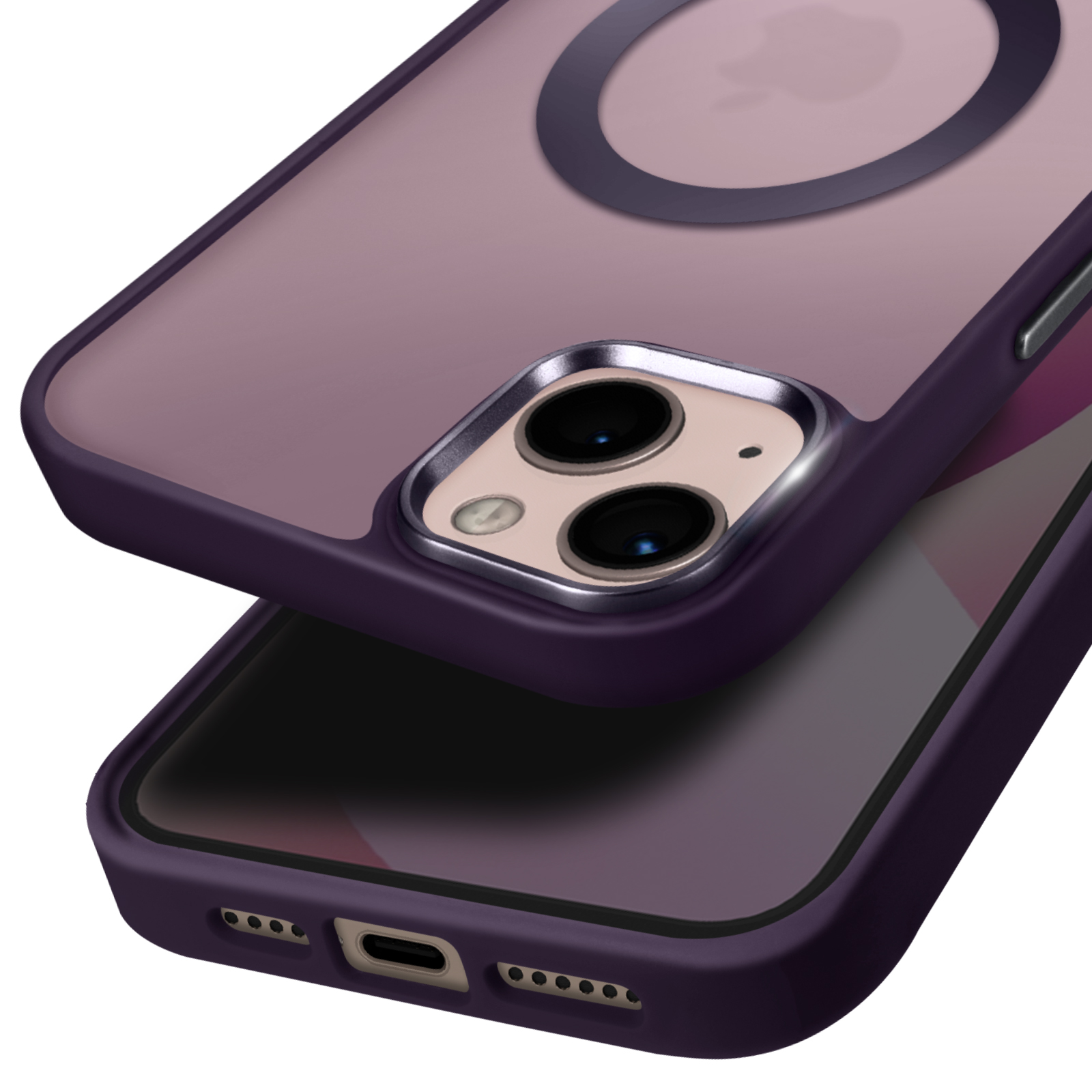 Primo piano di due custodie per telefono. La custodia superiore è viola, quella inferiore è anch'essa viola. Entrambe su sfondo bianco.