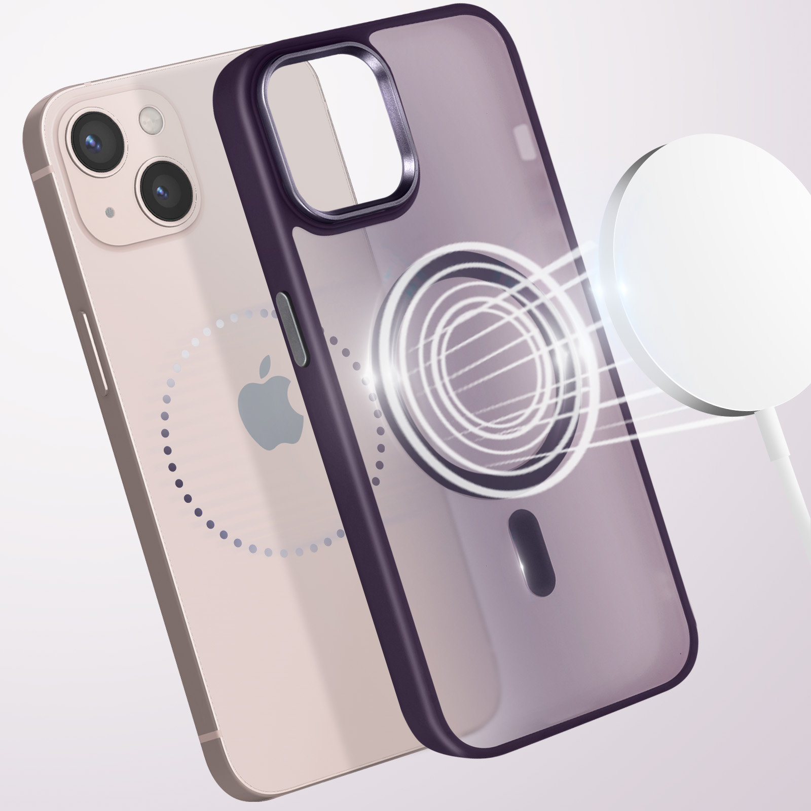 Custodia per telefono con cornice viola e retro trasparente. Un dispositivo di ricarica è accanto al telefono. Logo Apple visibile.