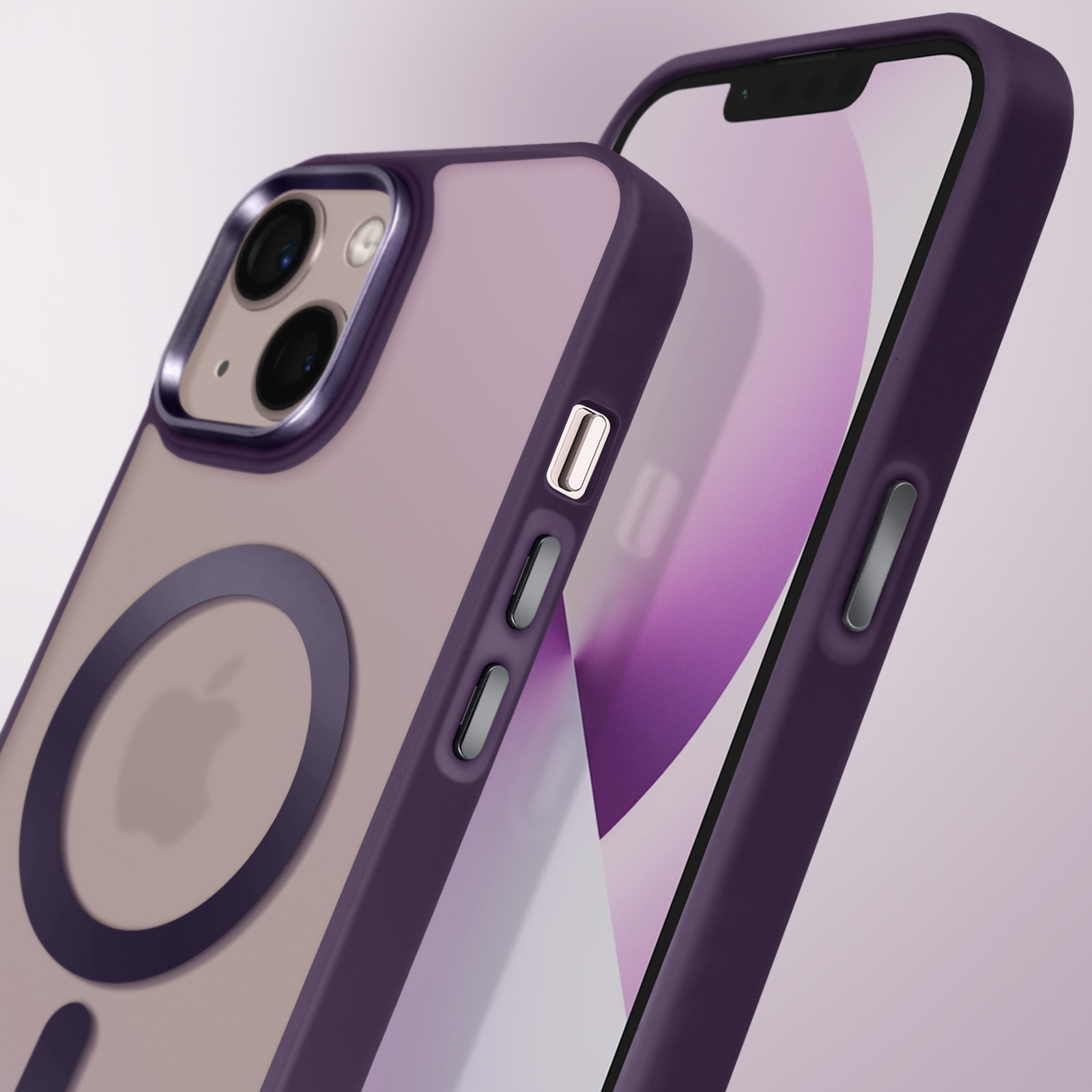 Custodia per telefono viola con retro trasparente, che mostra un iPhone. Sfondo viola.