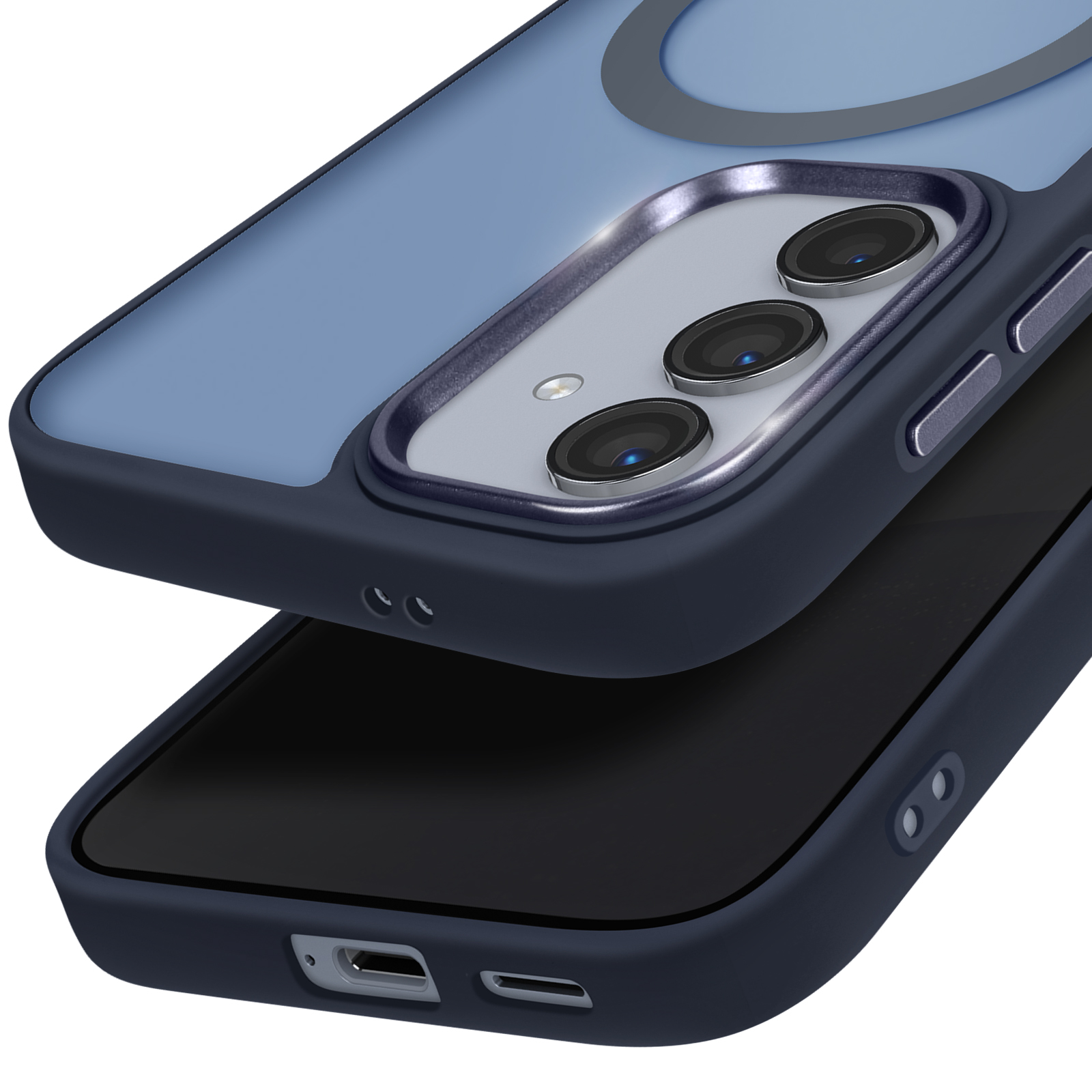 Custodia e telefono, primo piano, dettagli della fotocamera.