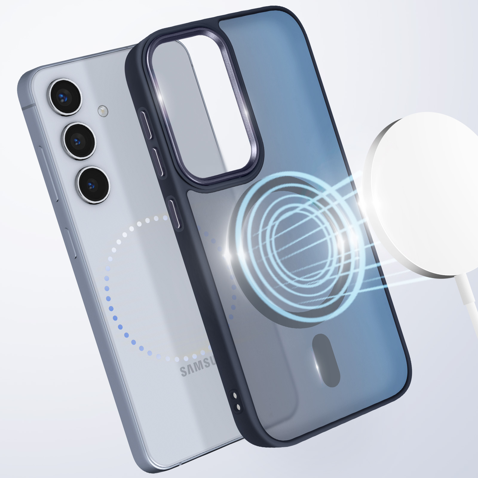 Custodia per telefono con cornice blu. La custodia ha un cerchio magnetico bianco. Un caricatore bianco è vicino al telefono.