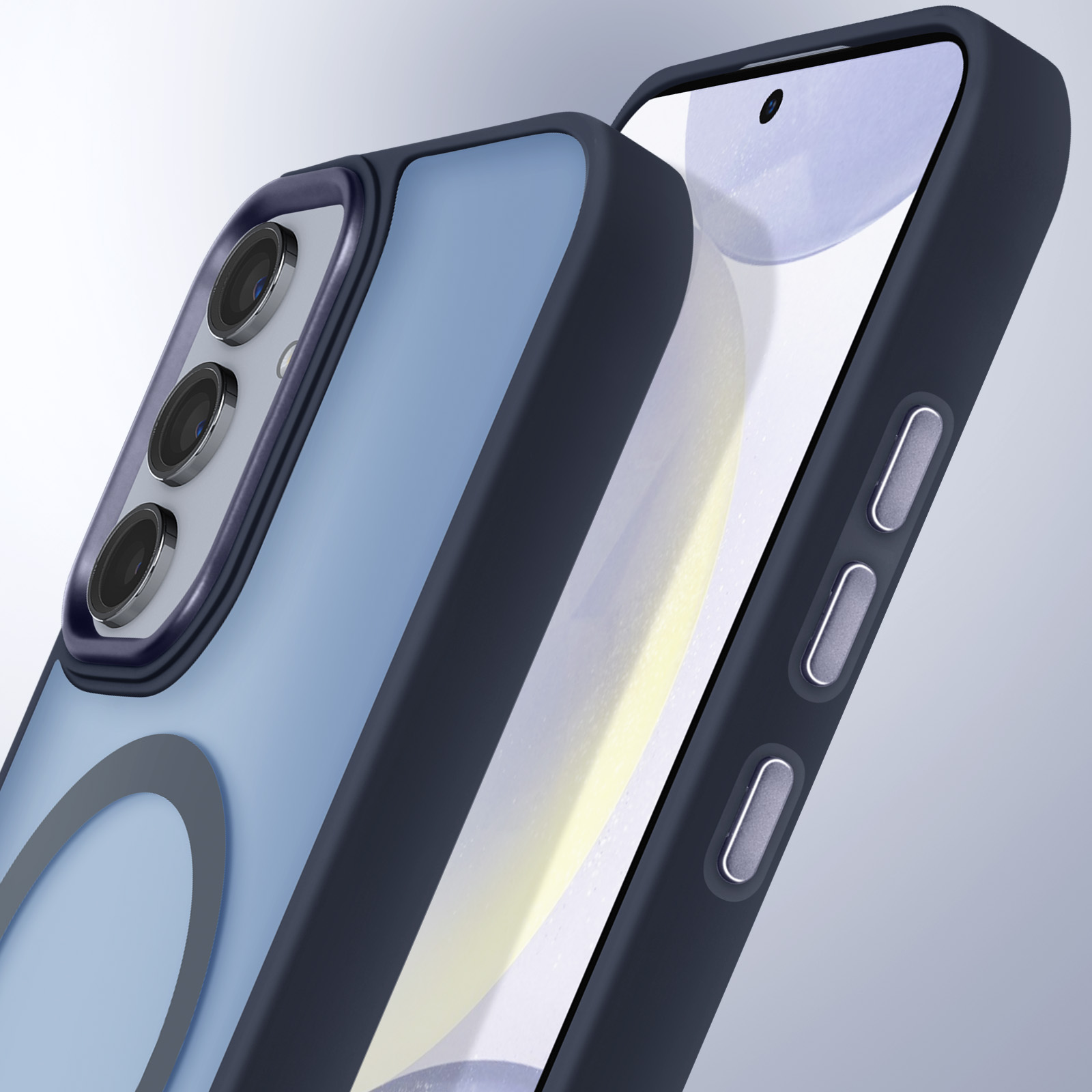 Custodia per telefono blu e telefono. Tre fotocamere. Cornice nera.