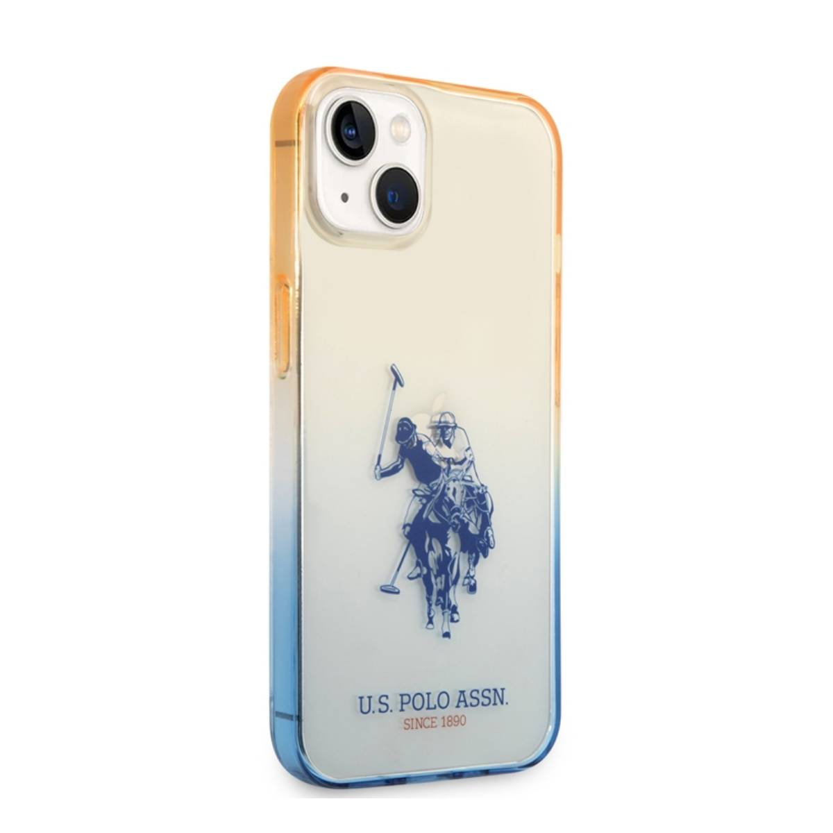 Handyhülle mit Logo. Blauer und oranger Farbverlauf. U.S. Polo Assn. Logo und Bild.