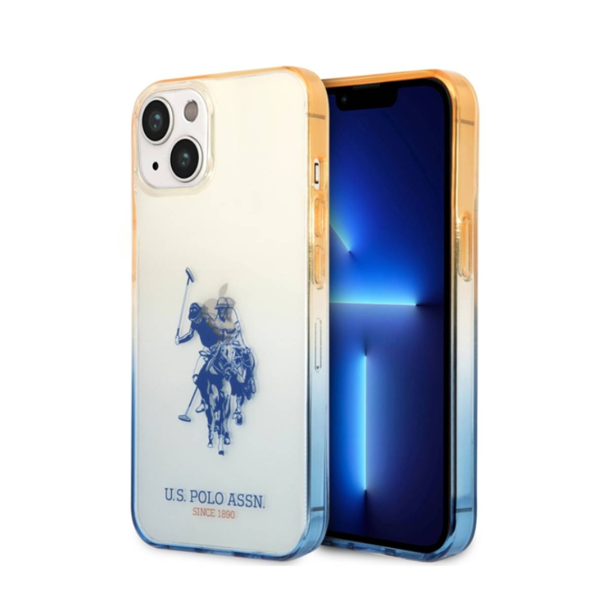 Weiße Handyhülle mit US Polo Assn. Logo. Blauer und goldener Farbverlauf. Telefonbildschirm sichtbar.
