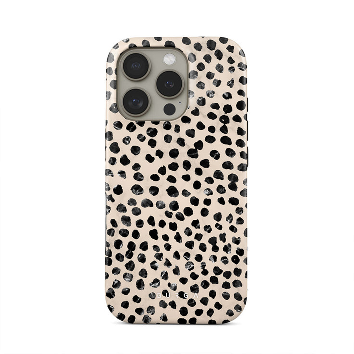 Coque de téléphone avec des points noirs sur fond crème. Elle a une découpe pour la caméra.