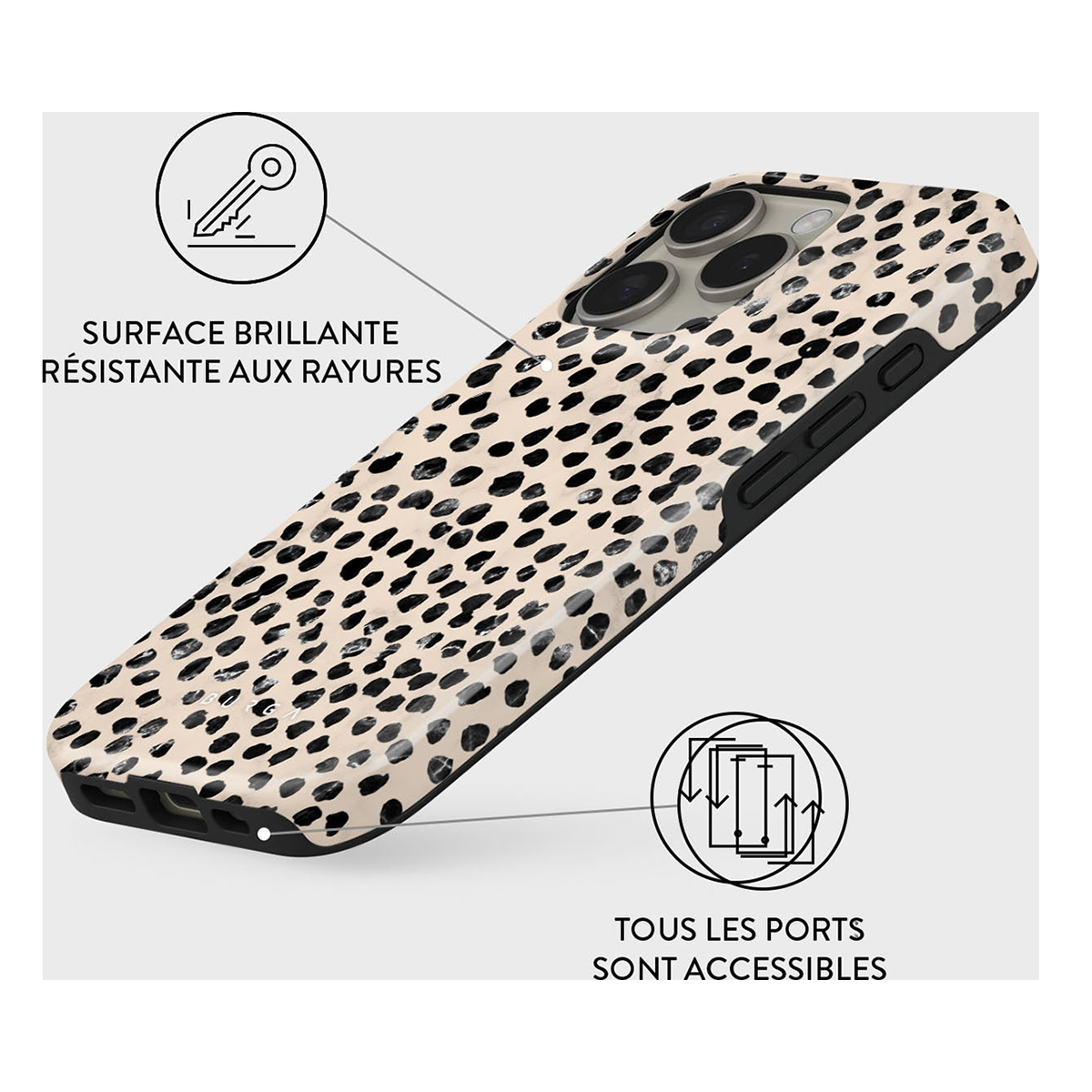 Coque de téléphone avec un motif de taches noires sur fond beige clair.