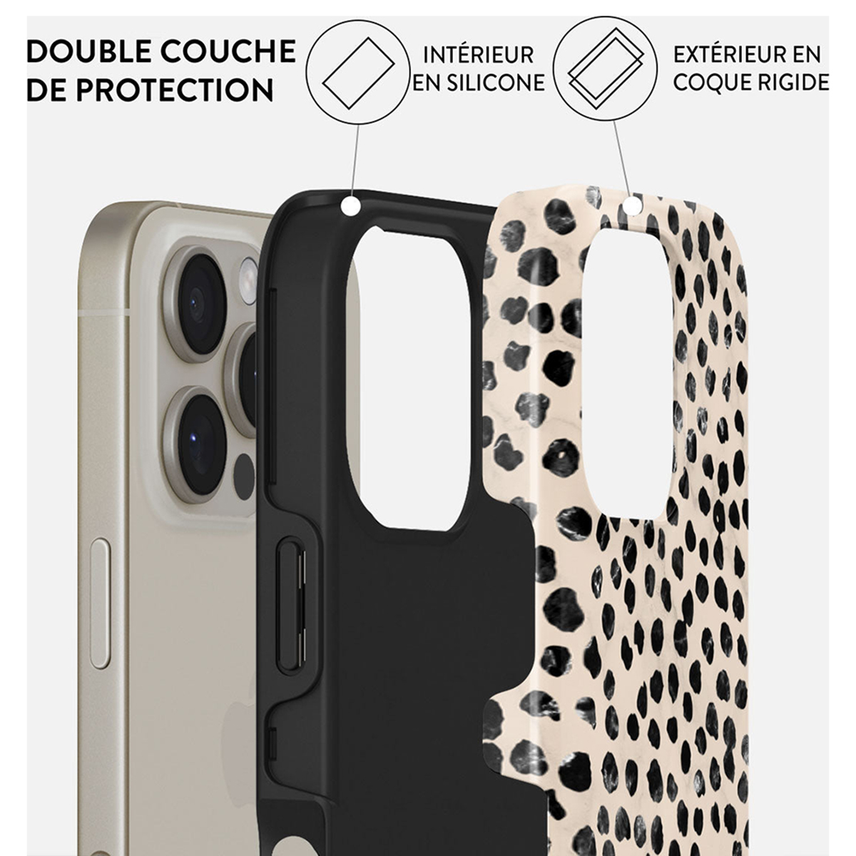 Coque de téléphone montrant les couches. Design à pois et couleur beige.