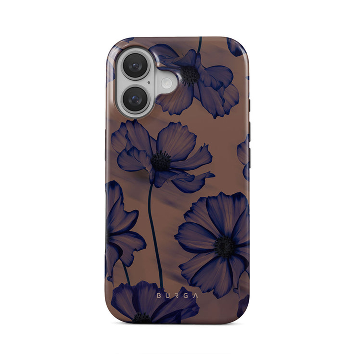 Custodia per telefono con motivo floreale, con fiori blu scuro su sfondo marrone, con il logo BURGA.