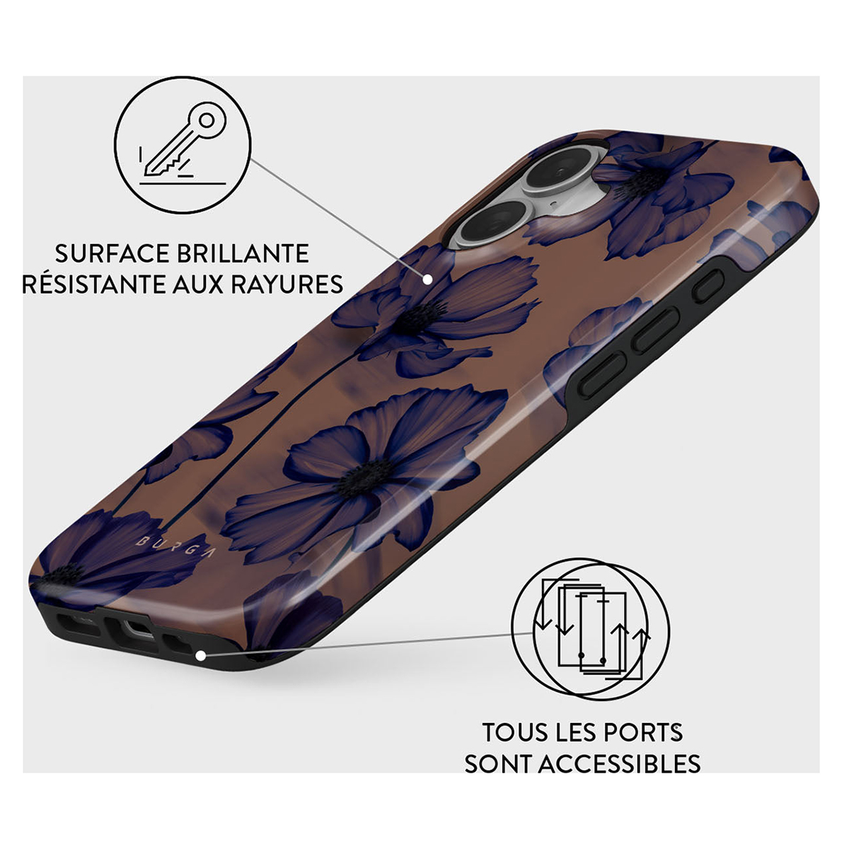 Coque de téléphone avec motif floral bleu. Texte décrit surface brillante et ports accessibles.