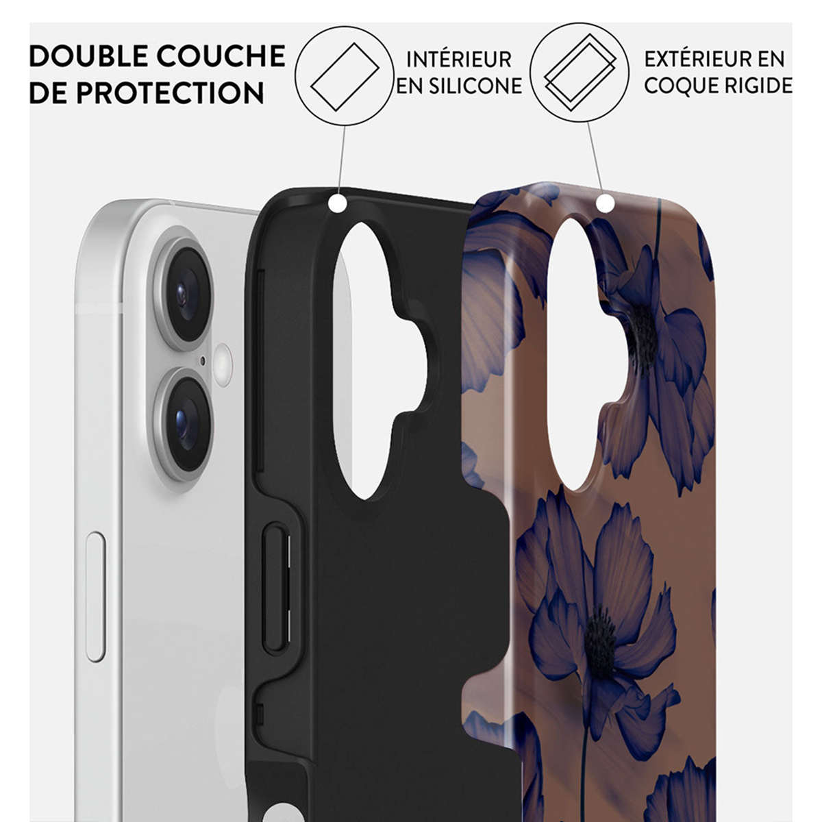 Couches de coque. Motif floral bleu sur fond marron, noir à l'intérieur.