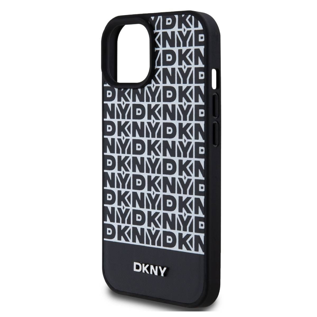 Una custodia per telefono nera con il logo DKNY ripetuto su bianco e il logo DKNY in basso.