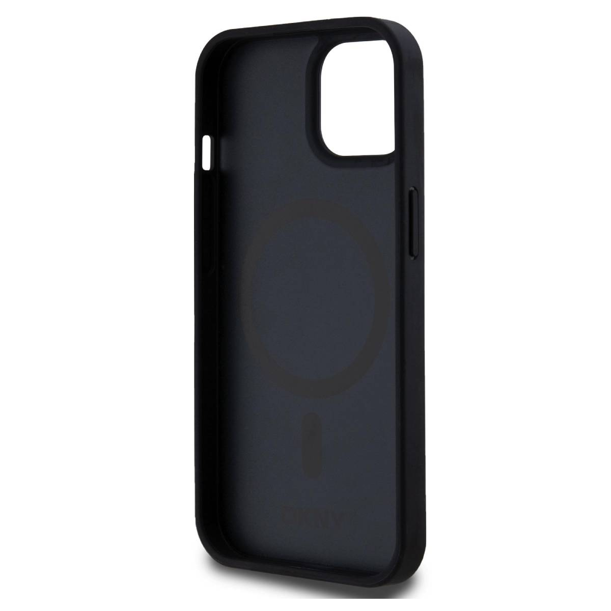Custodia per telefono nera, con un cerchio magnetico. L'interno è nero semplice.