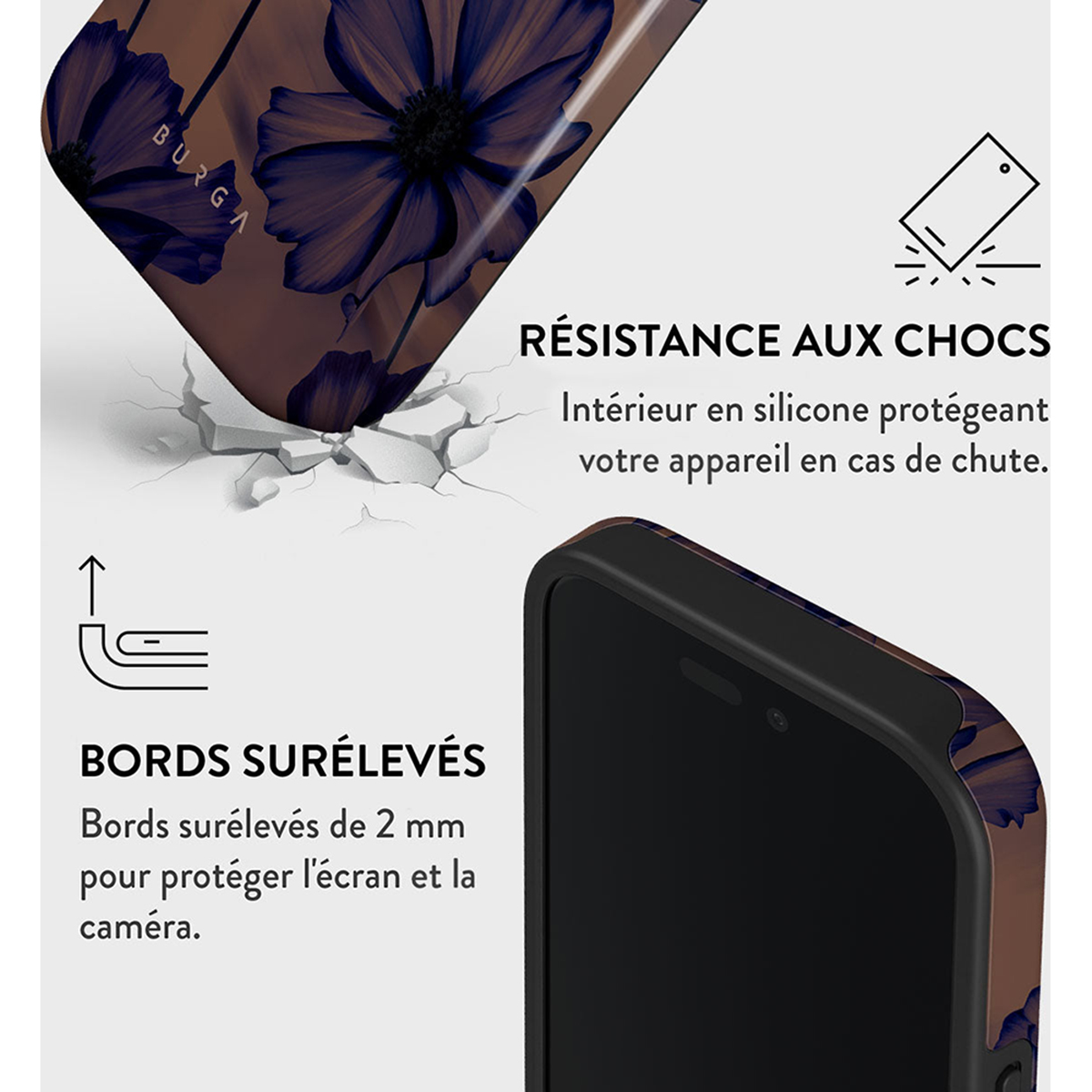 Coque de téléphone noire avec un motif floral, avec un téléphone à l'intérieur.