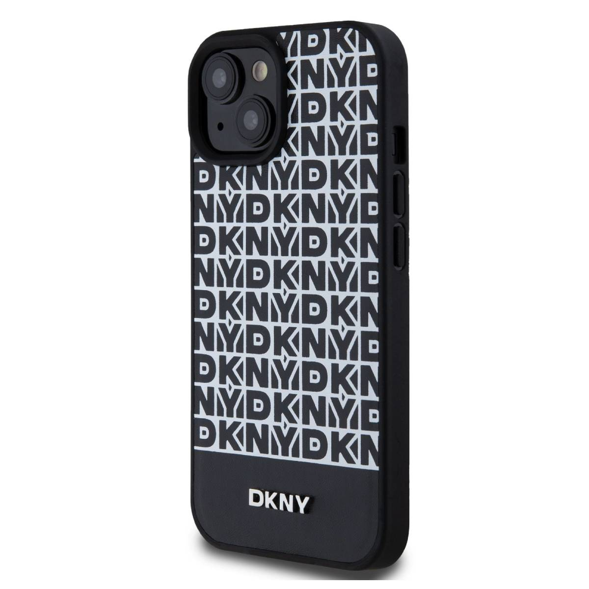Un telefono in una custodia DKNY con il logo DKNY ripetuto. Lo sfondo è bianco.