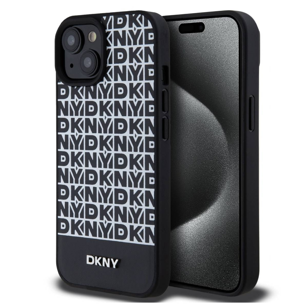 Custodia nera con motivo logo DKNY bianco. Telefono a destra.