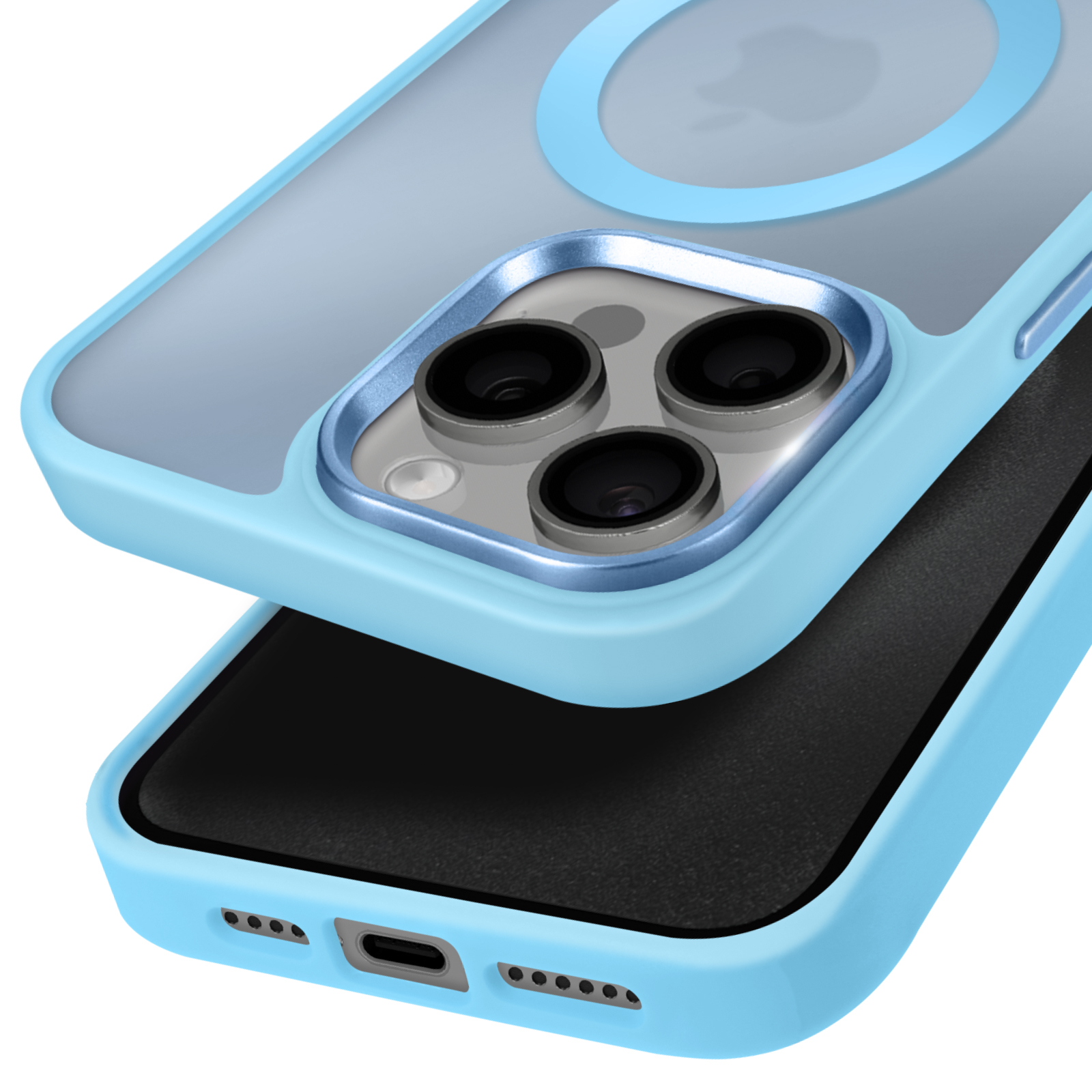 Una custodia blu con un telefono all'interno, che mostra la fotocamera e il logo Apple.