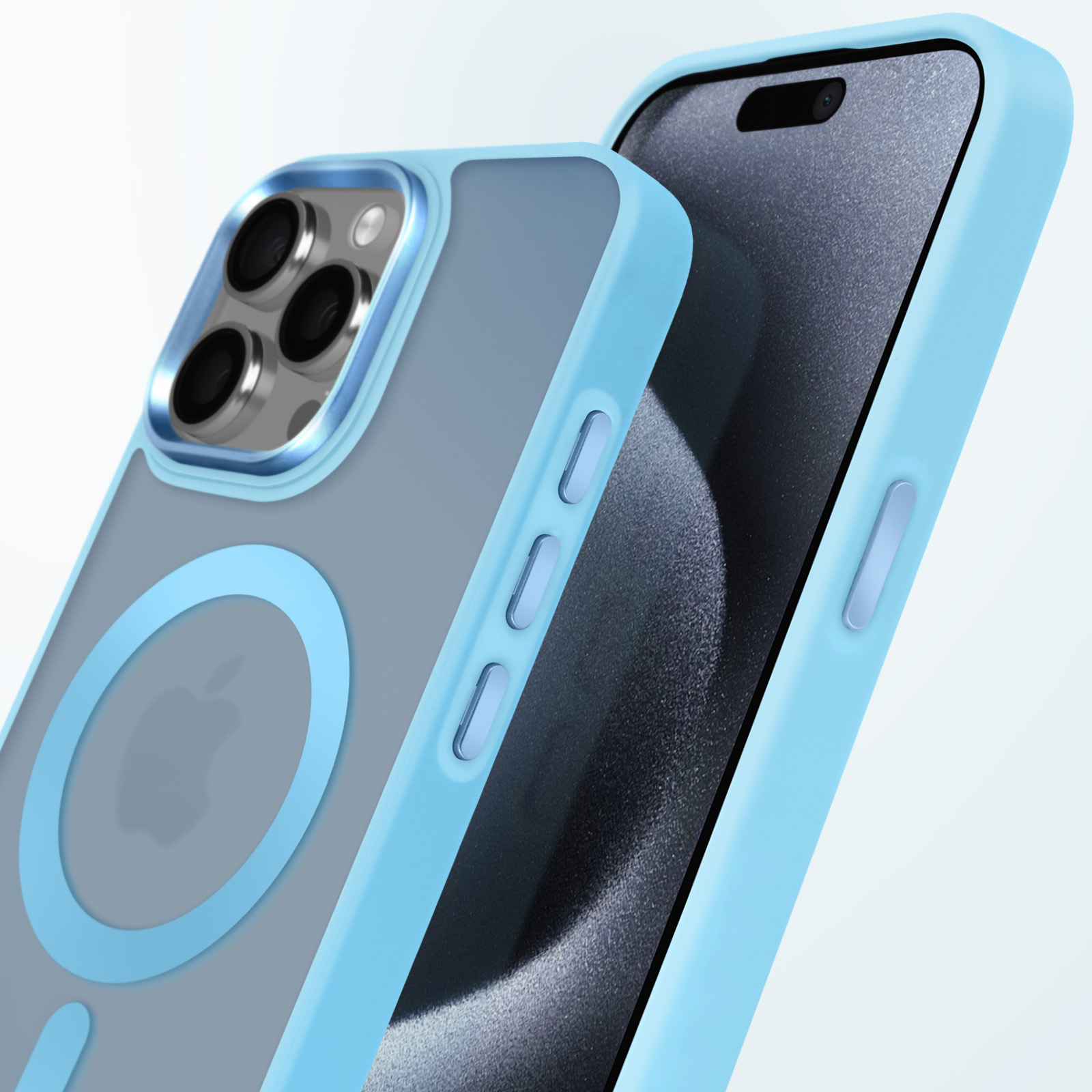 Custodia per telefono azzurra con retro grigio chiaro, logo Apple e cornice blu. Telefono dentro.