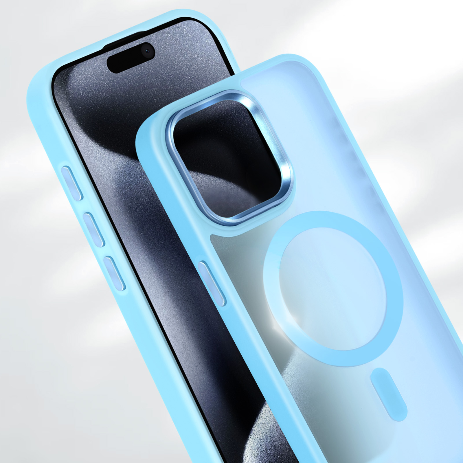 Custodia per telefono azzurra con cerchio blu attorno alla fotocamera.